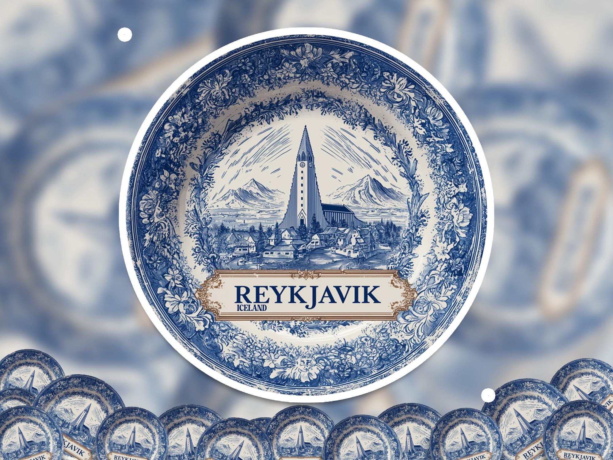 Reykjavik Iceland Sticker Vintage Delft style, Delftware Decal Waterproof Vinyl, Blue City Travel