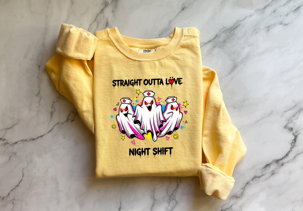Night Shift Halloween Nurse Sweatshirt, Straight oughta love Spooky RN Fall Top Cozy Autumn Pullover, Cute Retro Gift for Nurse