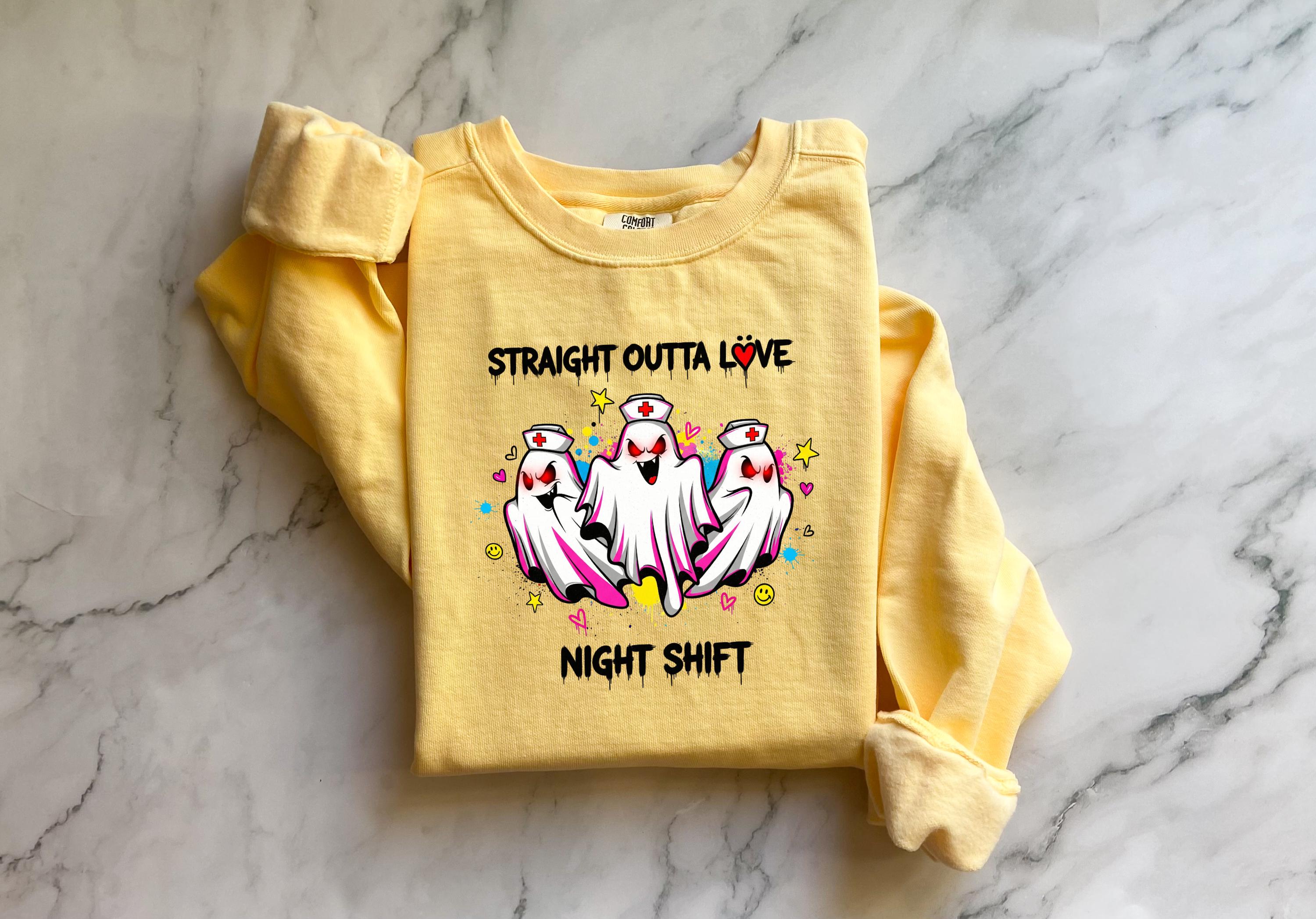 Night Shift Halloween Nurse Sweatshirt, Straight oughta love Spooky RN Fall Top Cozy Autumn Pullover, Cute Retro Gift for Nurse