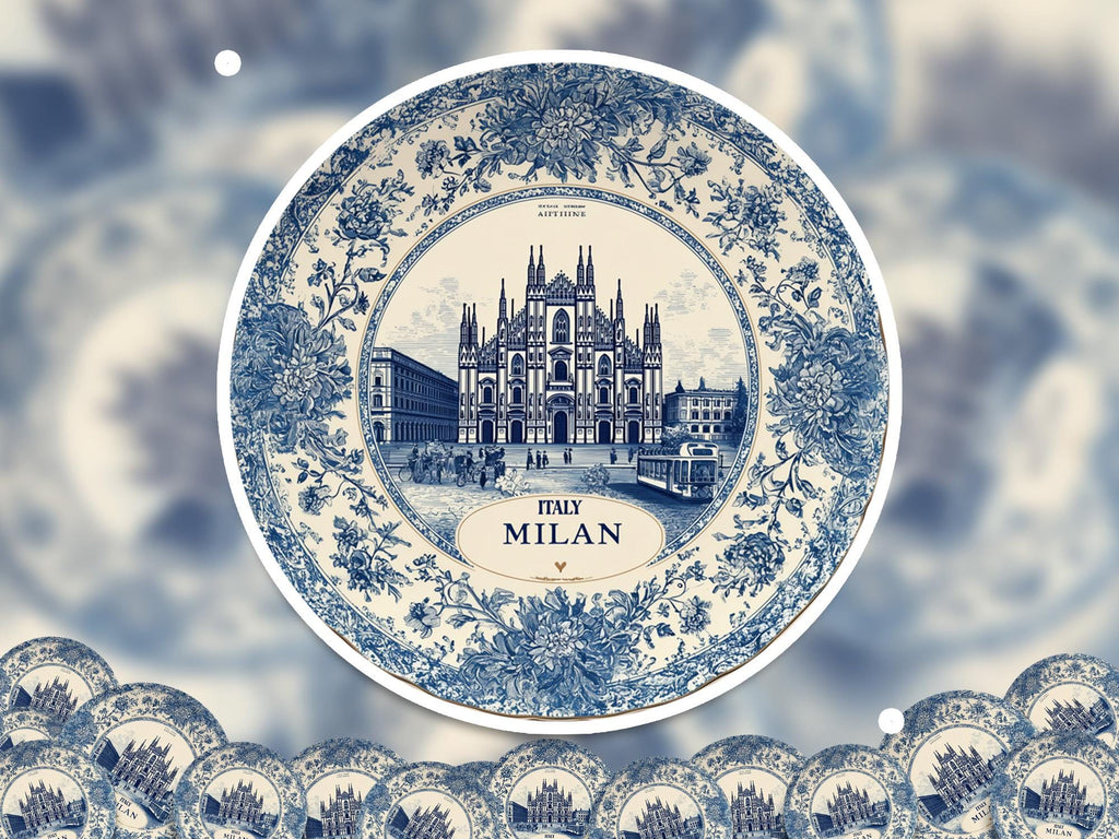 Milan Italy Sticker Vintage Delft style, Delftware Decal Waterproof Vinyl, Blue City Travel