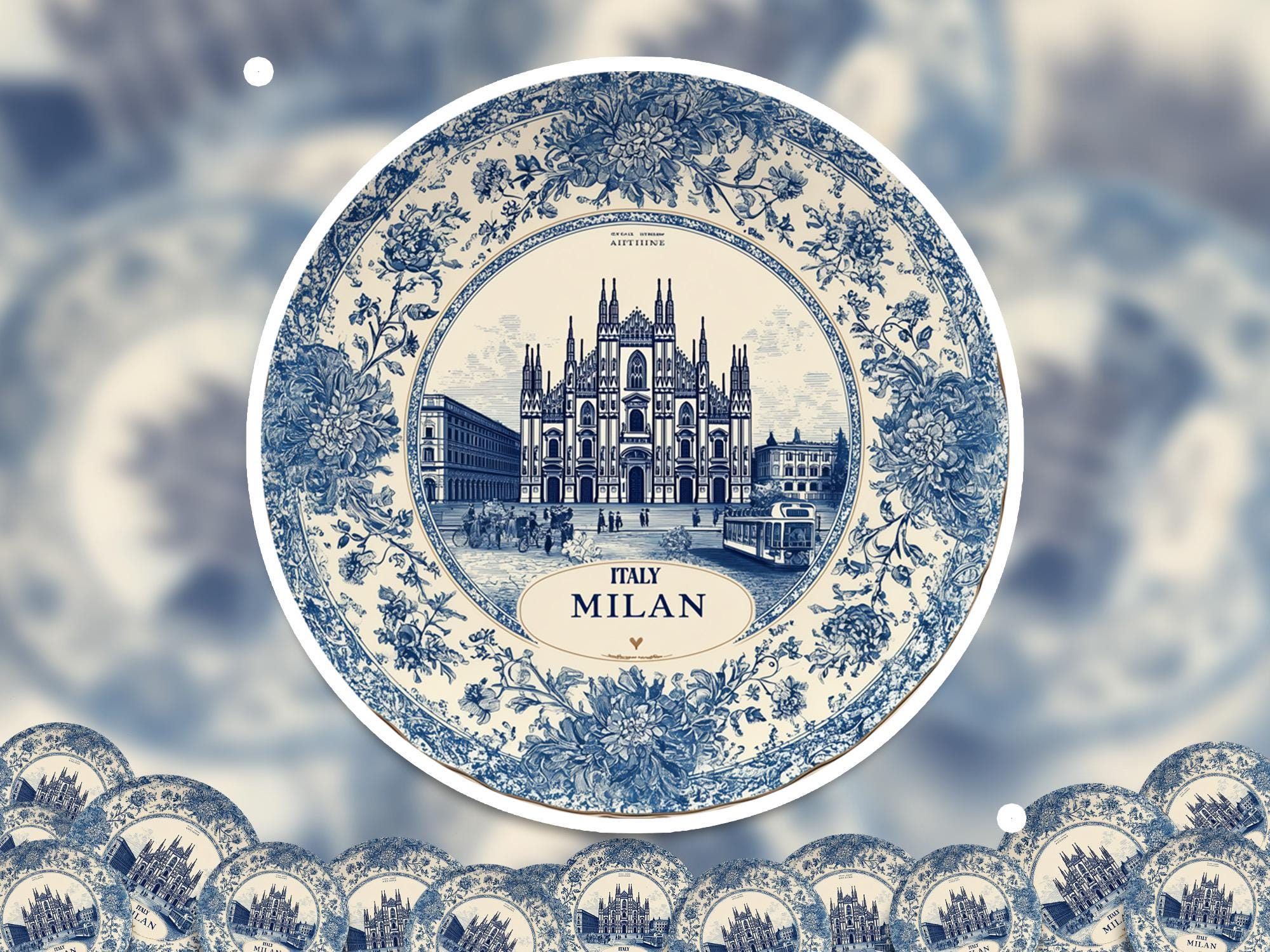 Milan Italy Sticker Vintage Delft style, Delftware Decal Waterproof Vinyl, Blue City Travel