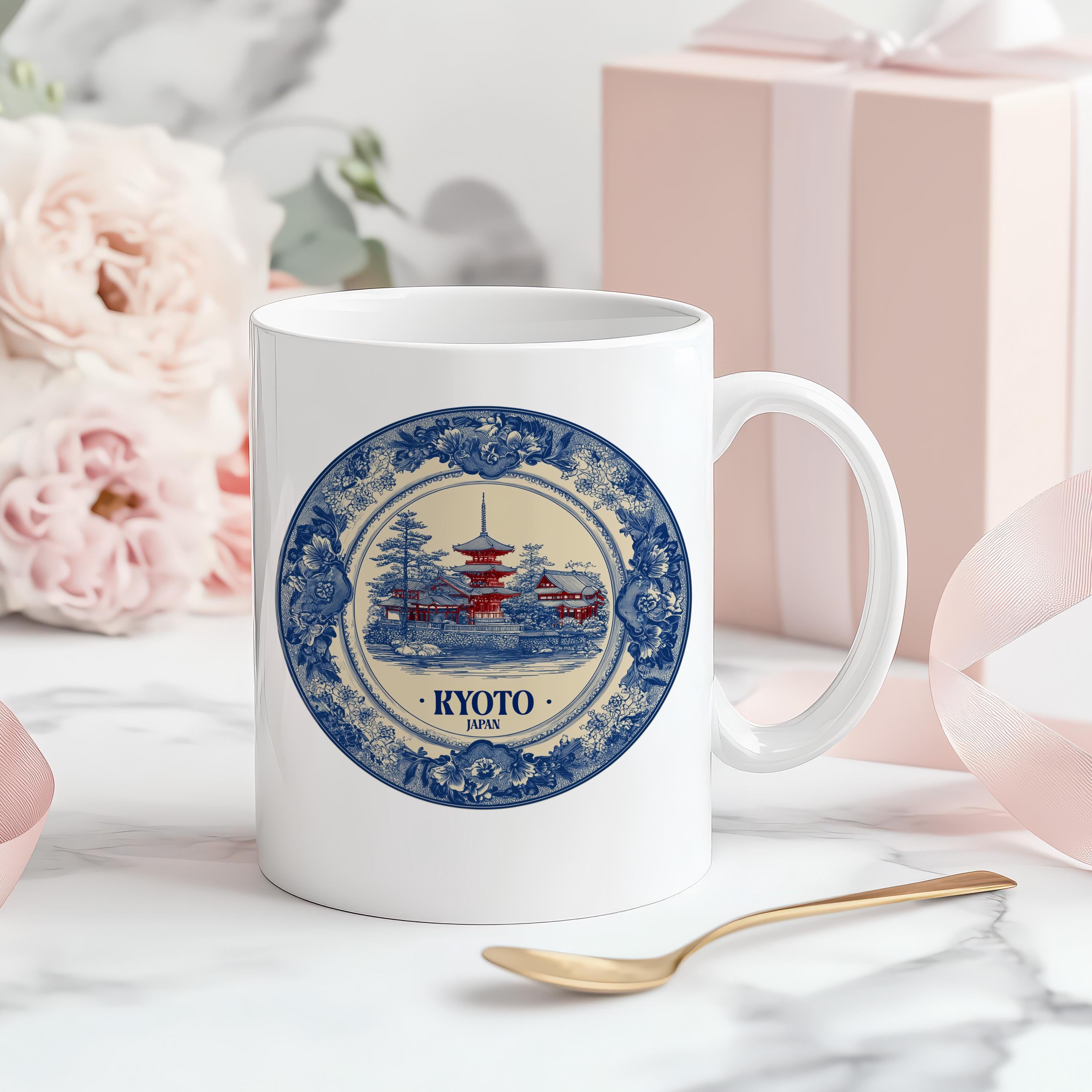 Kyoto Japan Mug, Custom Delft Style cup, Personalized Vintage Travel City Gift