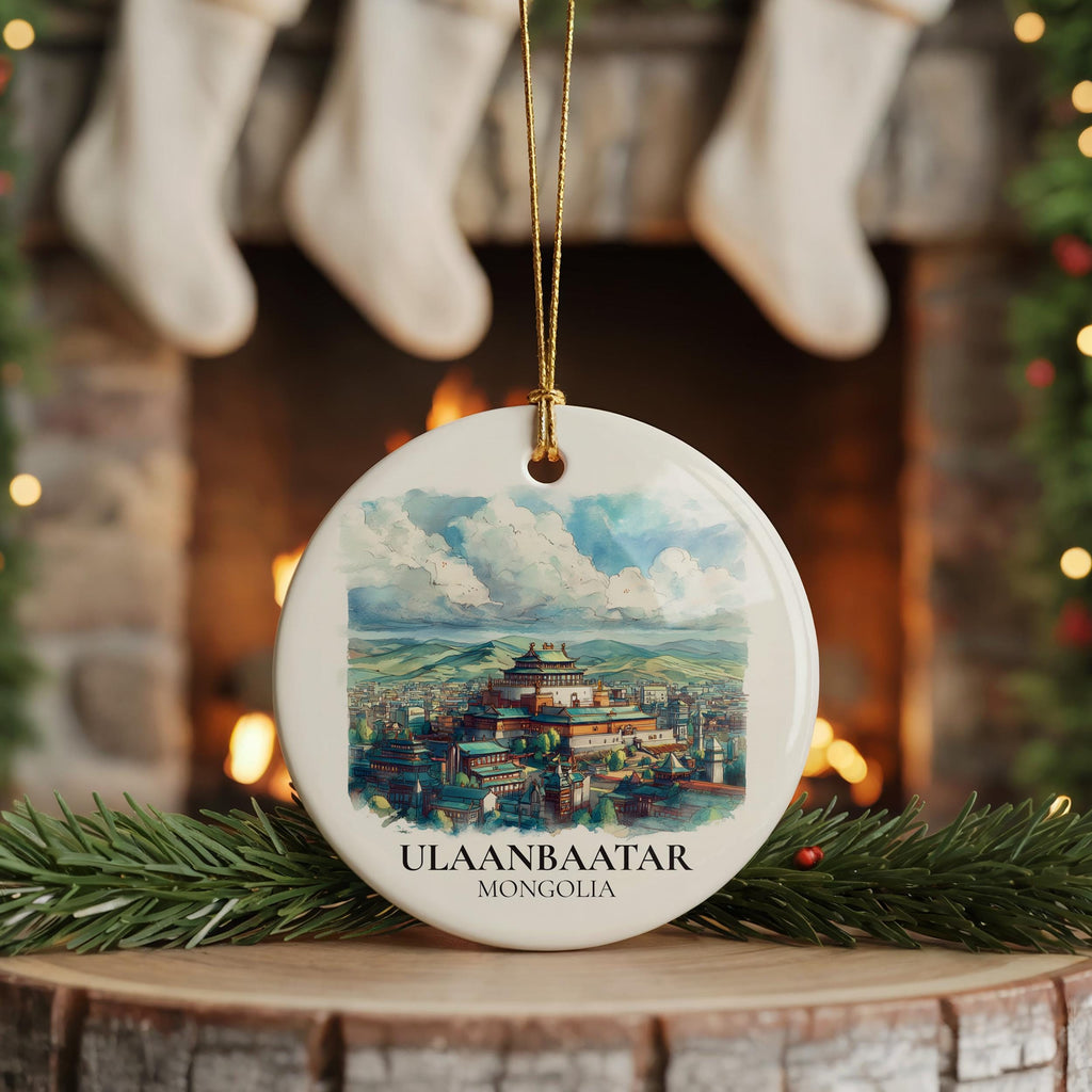 Ulaanbaatar Mongolia Personalized Watercolor Ornament, Custom Ceramic Christmas gift, Travel Keepsake