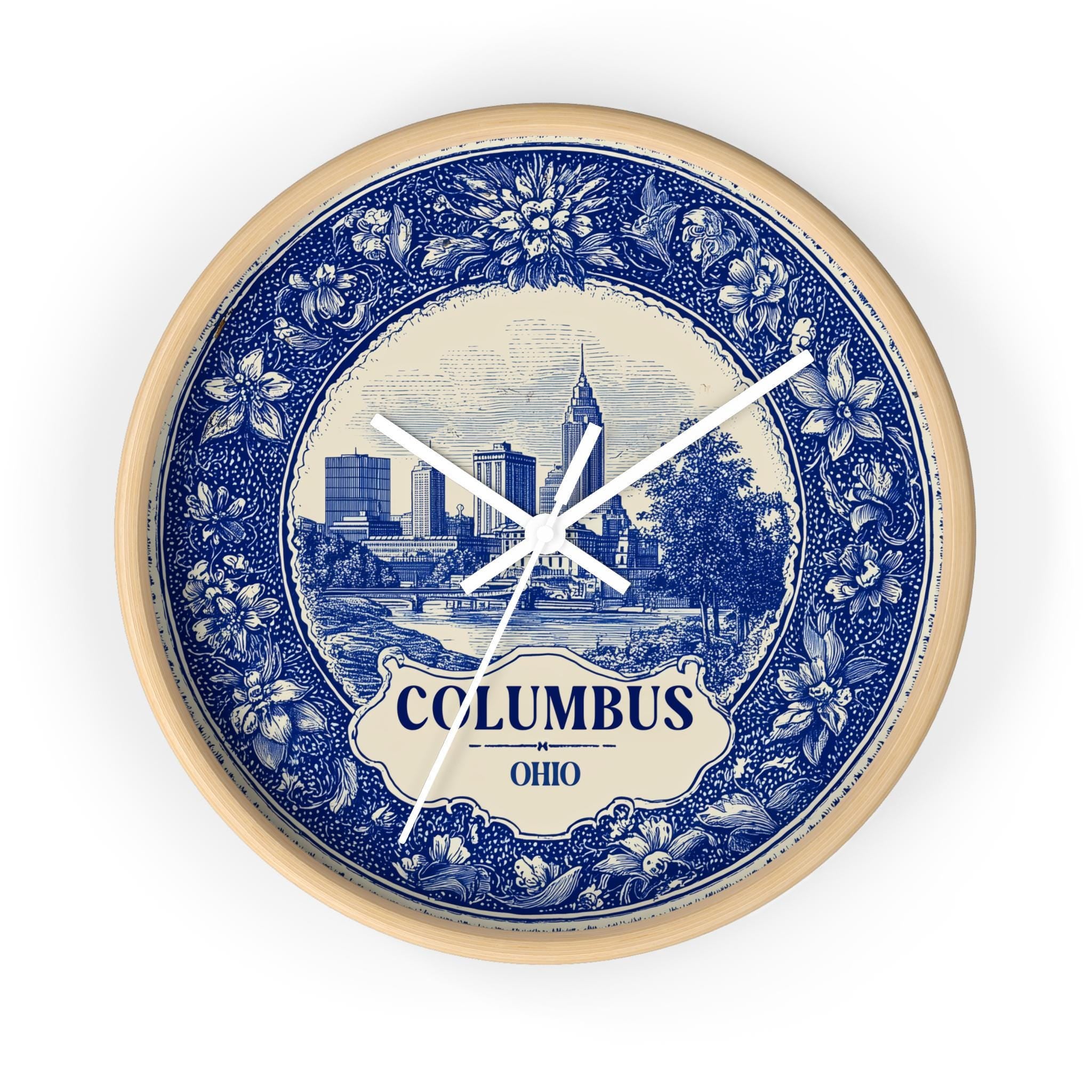Columbus Ohio Wall Clock, Delf style Home Decor, Vintage City Travel Keepsake Art