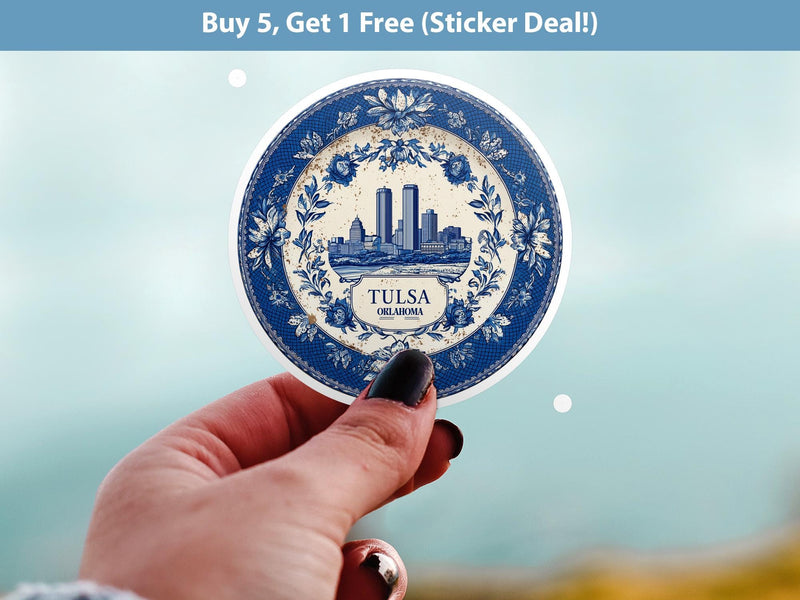 Tulsa Oklahoma Sticker Vintage Delft style, Delftware Decal Waterproof Vinyl, Blue City Travel USA