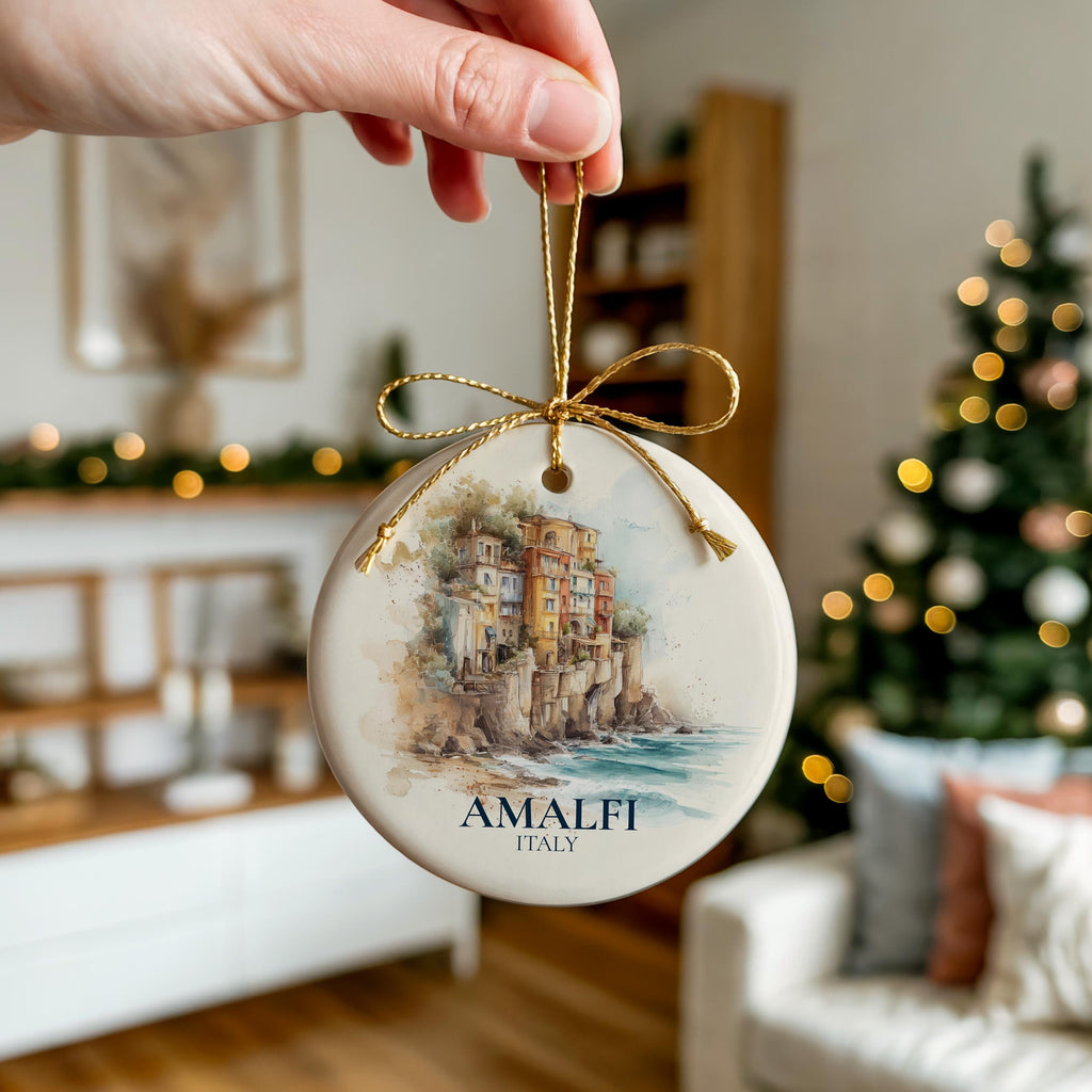 Amalfi Coast Italy Personalized Watercolor Ornament, Custom Ceramic Christmas gift, Travel Keepsake