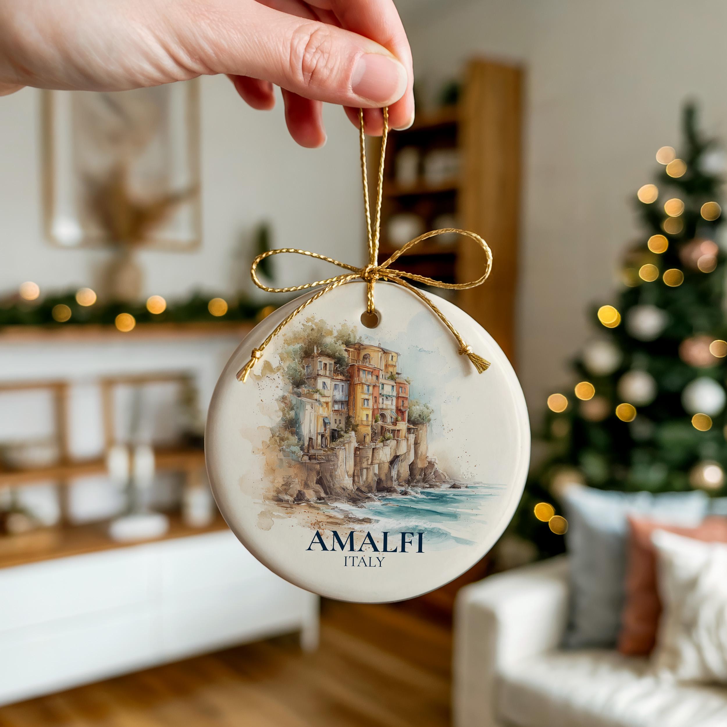 Amalfi Coast Italy Personalized Watercolor Ornament, Custom Ceramic Christmas gift, Travel Keepsake
