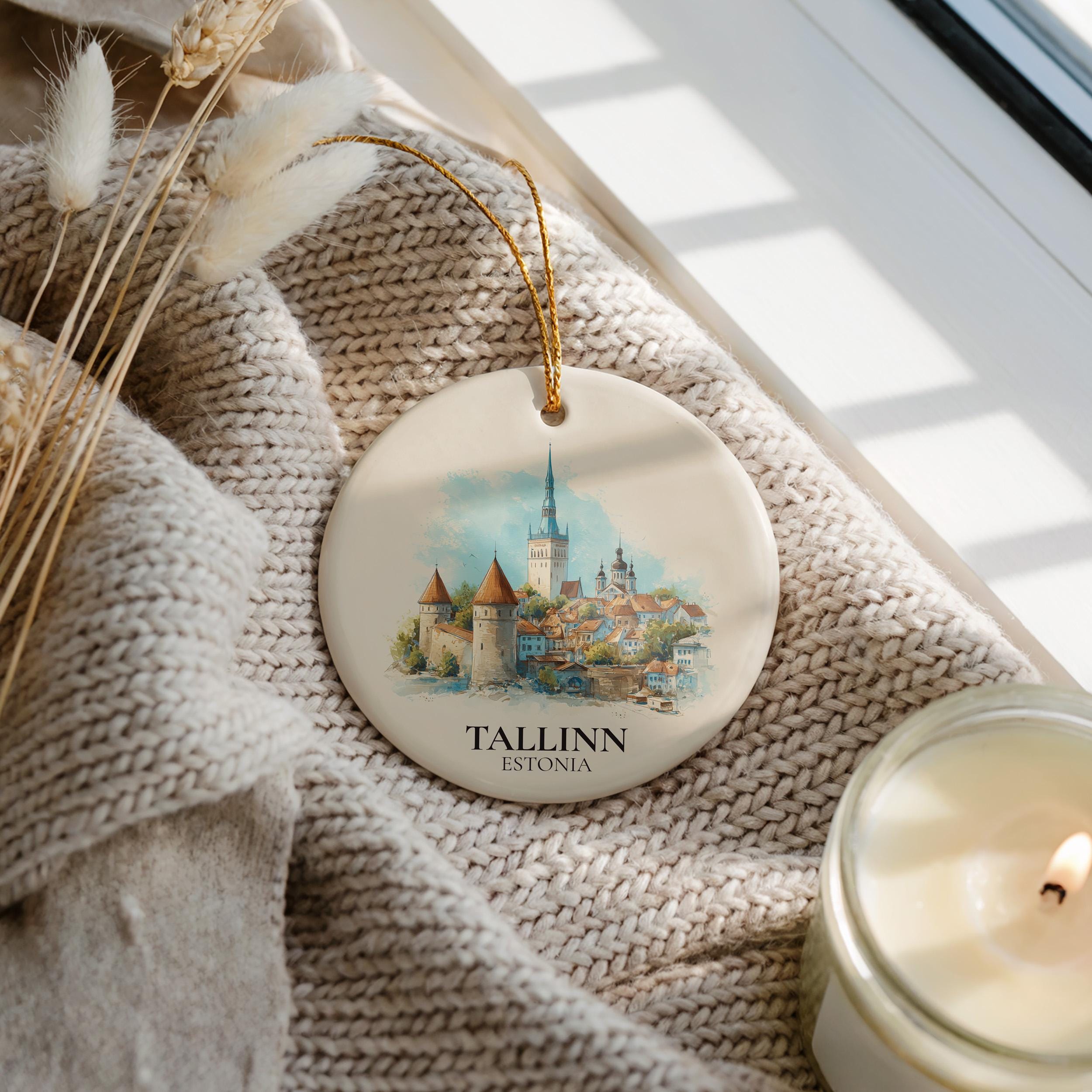Tallinn Estonia Custom Watercolor Ornament, Personalized Ceramic Christmas gift, Travel Keepsake