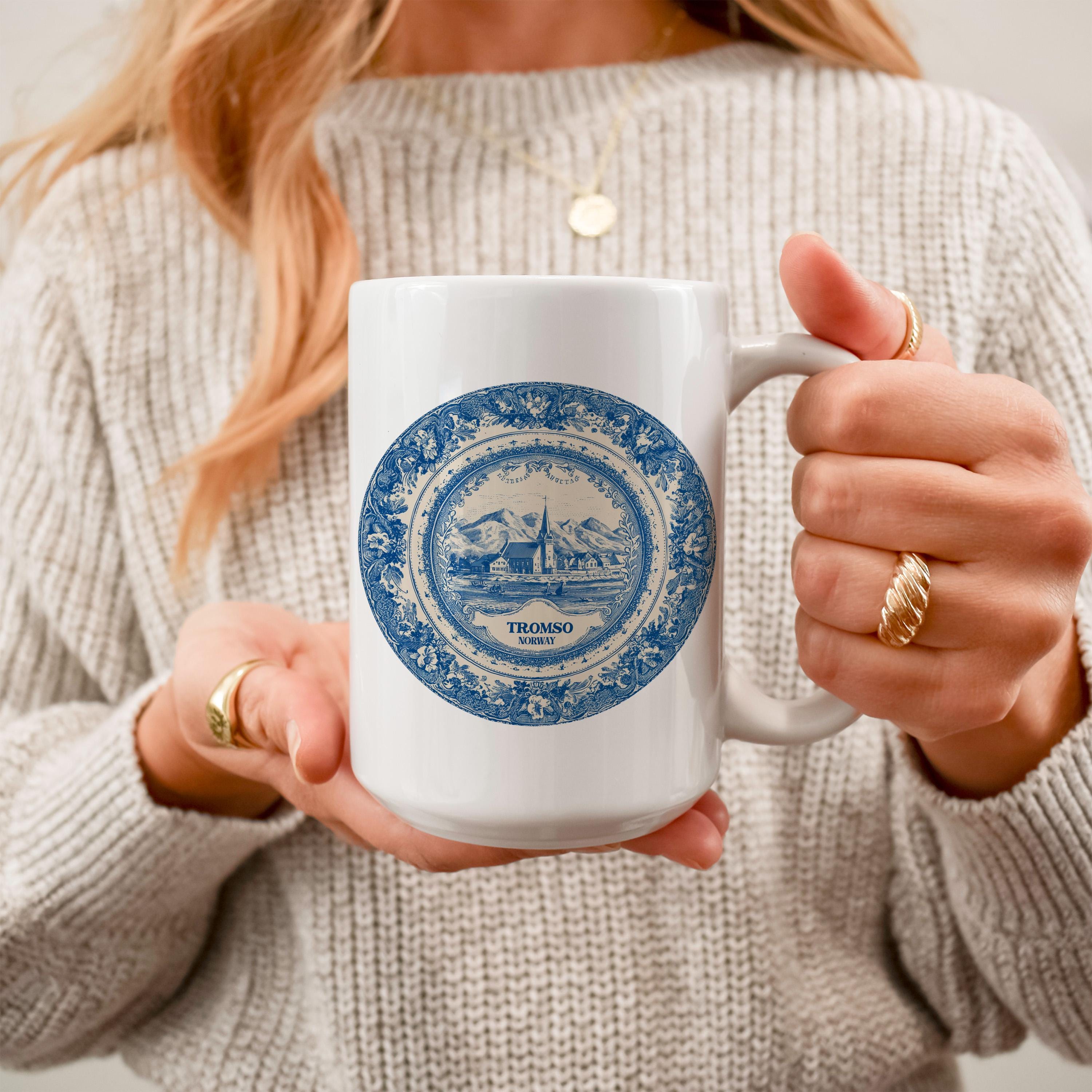 Tromso Norway Mug, Custom Delft Style cup, Personalized Vintage Travel City Gift