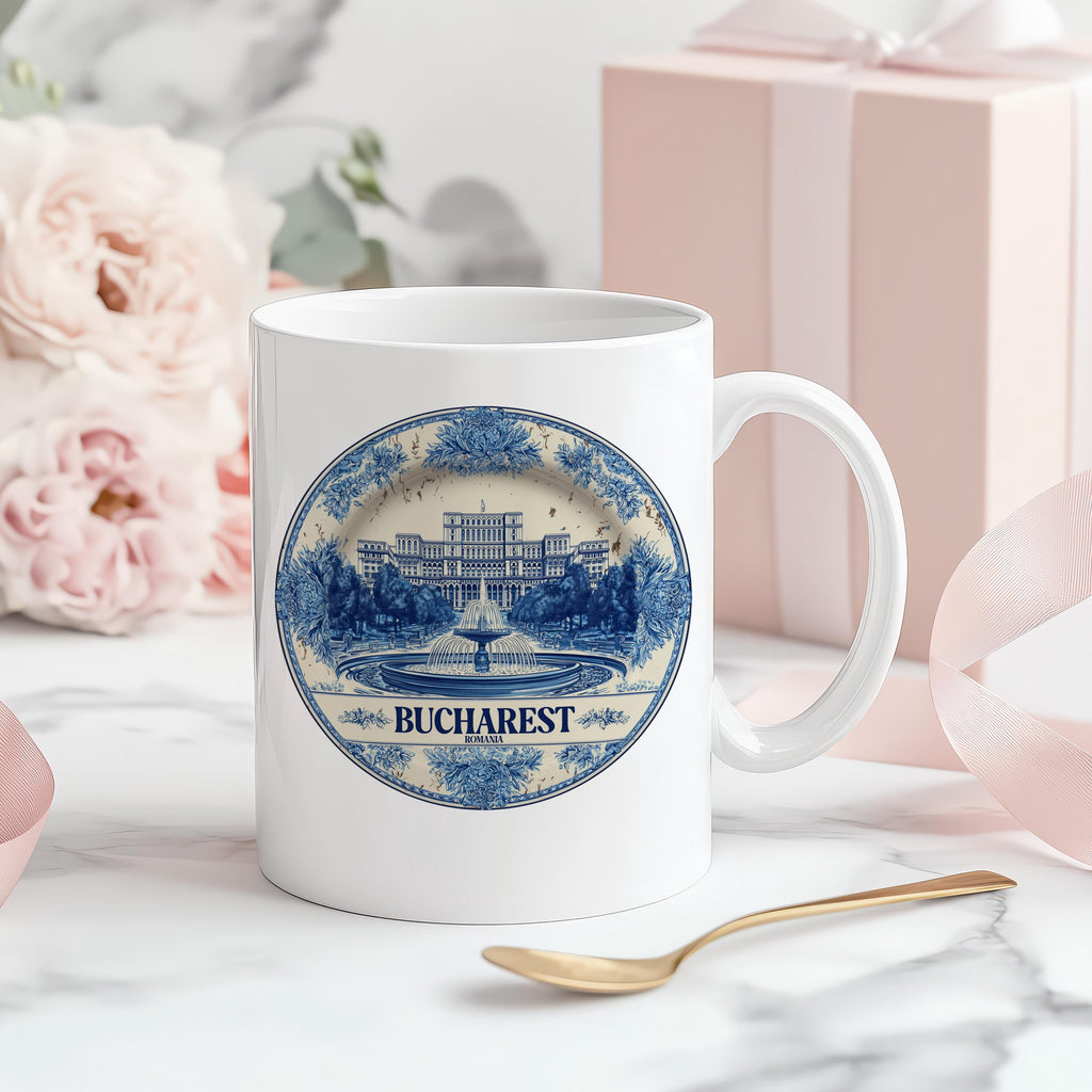 Bucharest Romania Mug, Custom Delft Style cup, Personalized Vintage Travel City Gift