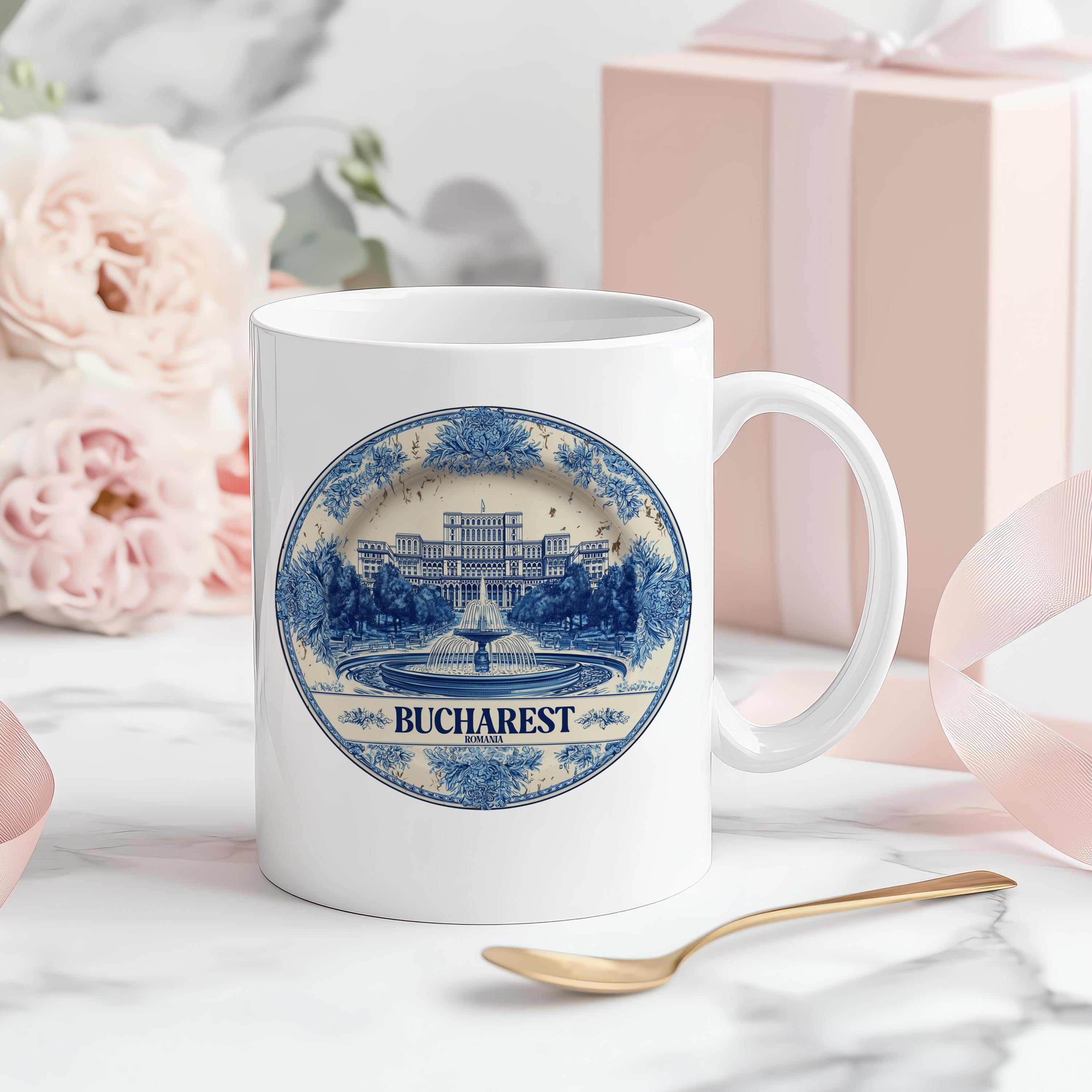 Bucharest Romania Mug, Custom Delft Style cup, Personalized Vintage Travel City Gift