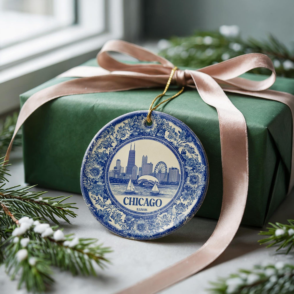 Custom Chicago Illinois US Ceramic Delft Ornament, Christmas Delftware Blue Delftware city travel