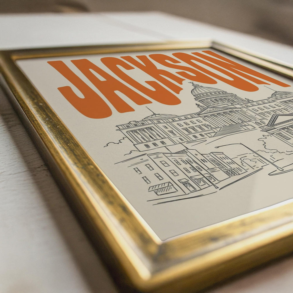 Jackson Mississippi Wall Minimalist Art, Framed Canvas Print, State Capitol Skyline Decor