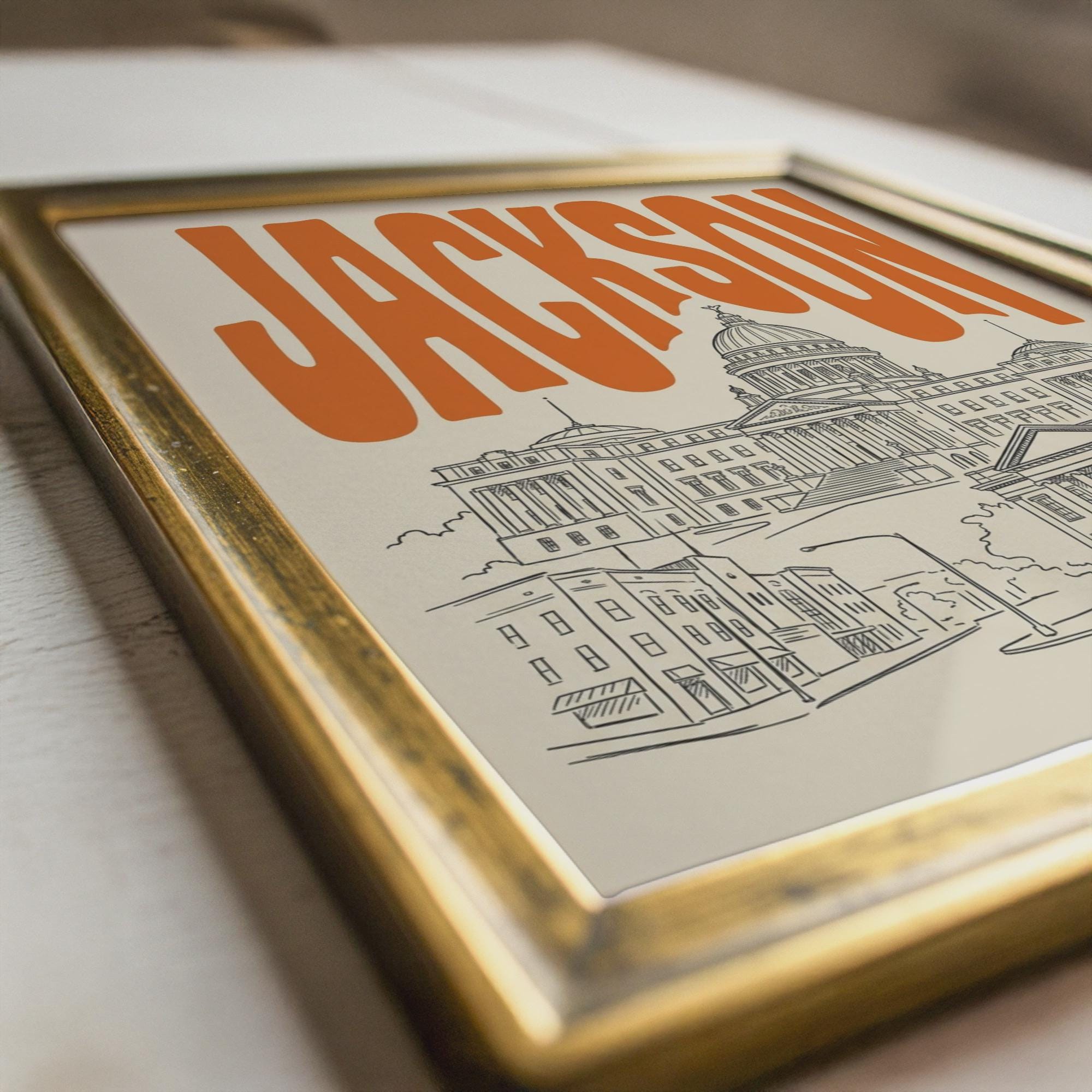 Jackson Mississippi Wall Minimalist Art, Framed Canvas Print, State Capitol Skyline Decor