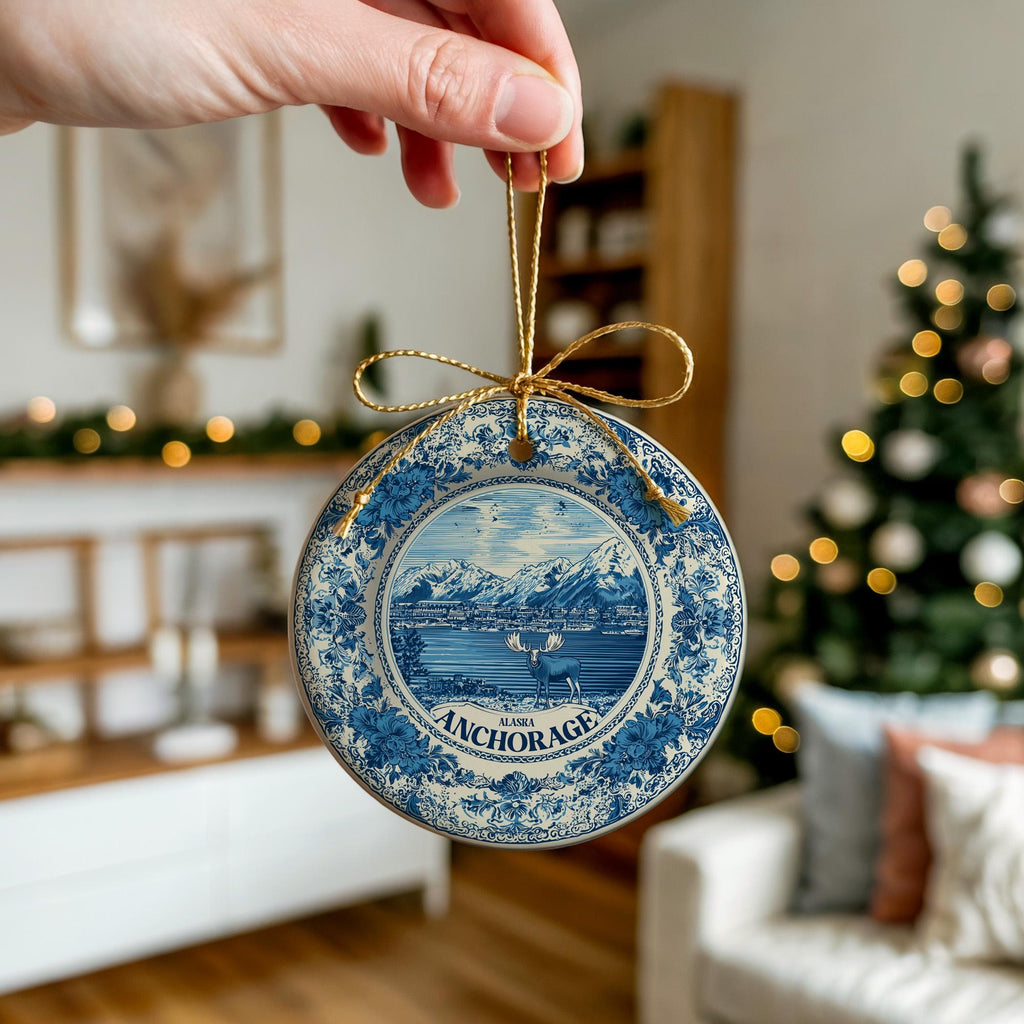 Custom Anchorage Alaska Ceramic Delft Ornament, Christmas Delftware Blue Delftware city travel