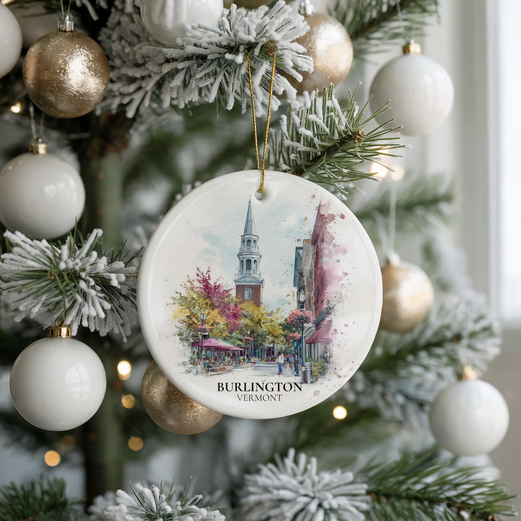 Burlington Vermont Personalized Watercolor Ornament, Custom Ceramic Christmas gift, Travel Keepsake