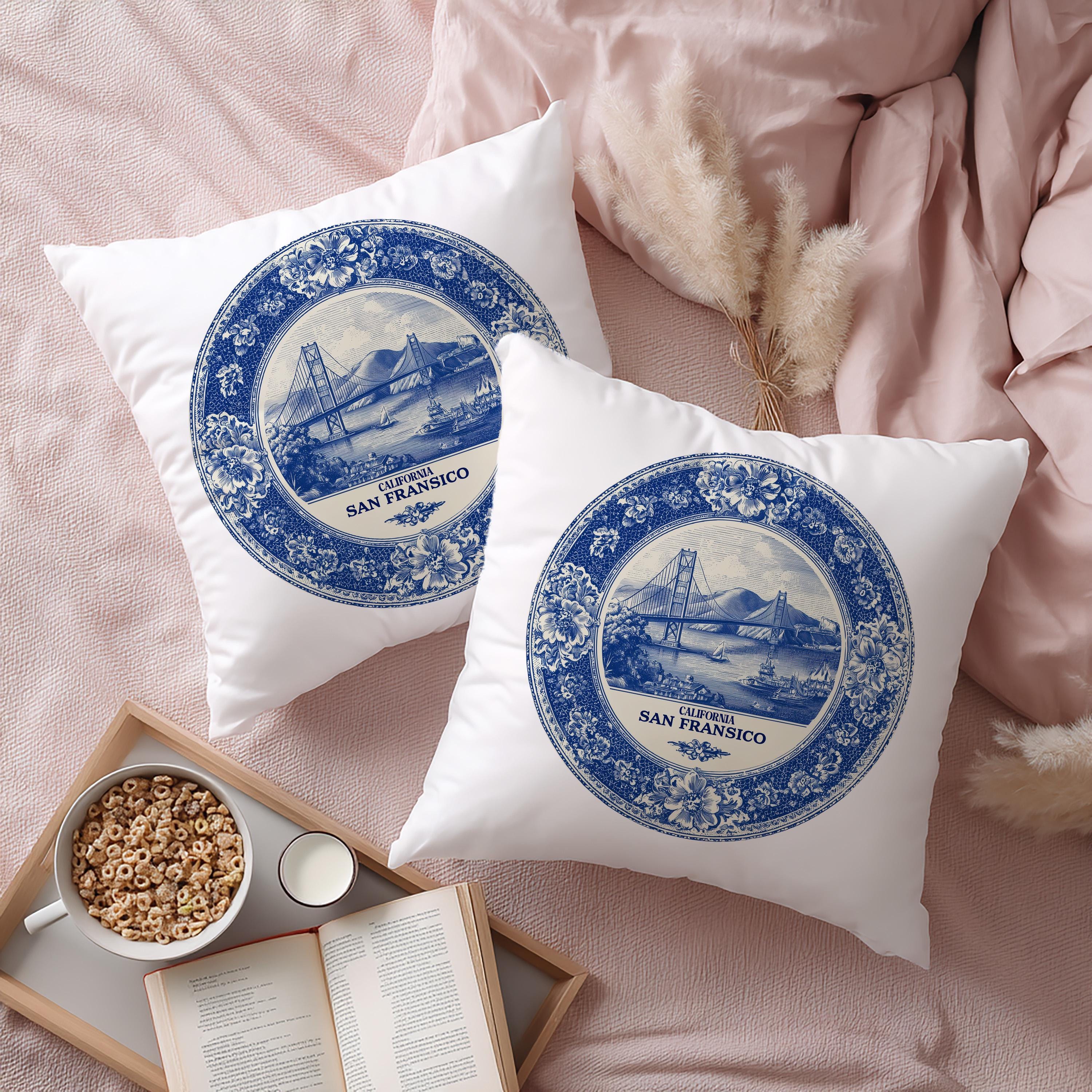 San Francisco California Pillowcase, Delft Style Decorative Throw Pillow, Vintage Cityscape Retro Home Decor