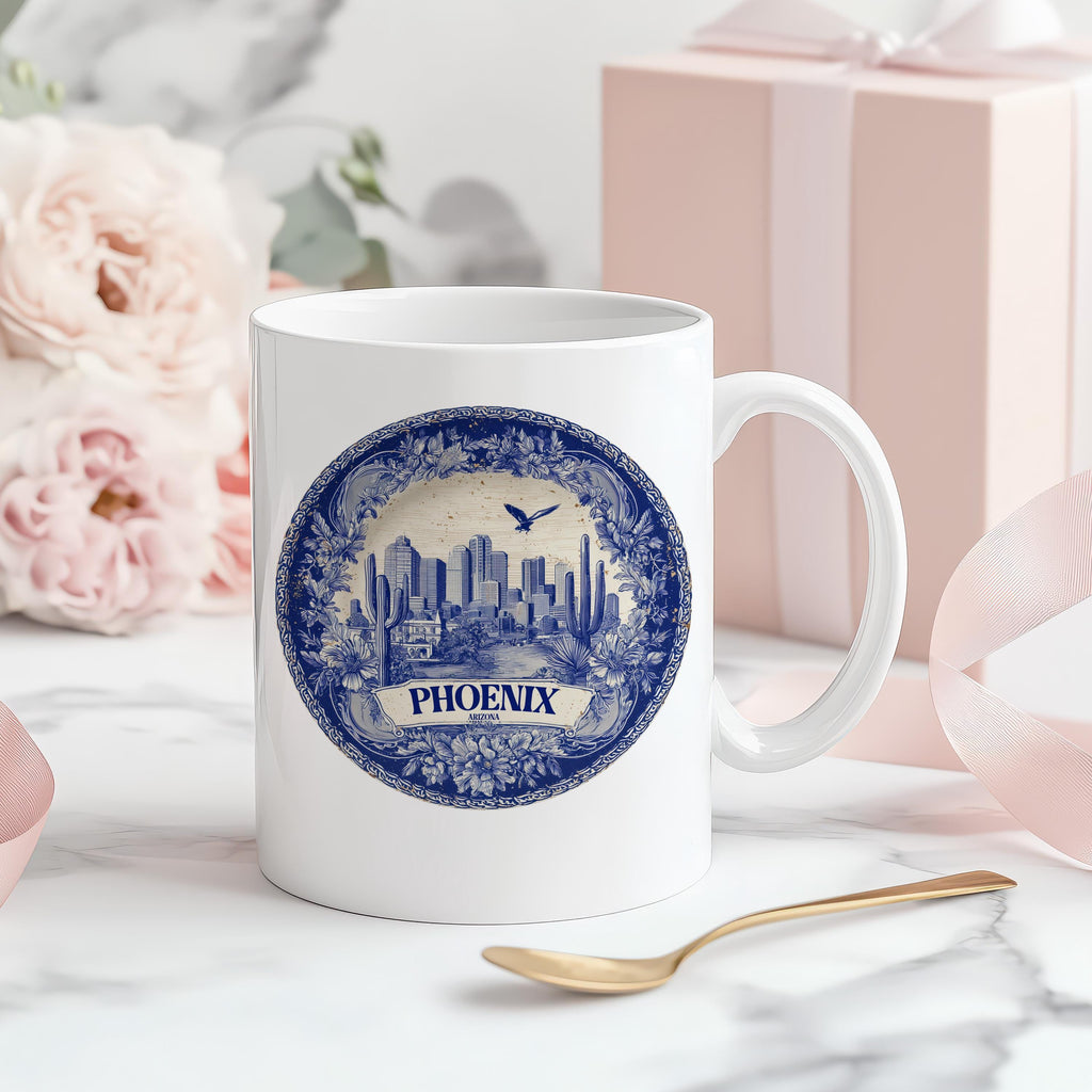 Phoenix Arizona Mug, Custom Delft Style cup, Personalized Vintage Travel City Gift