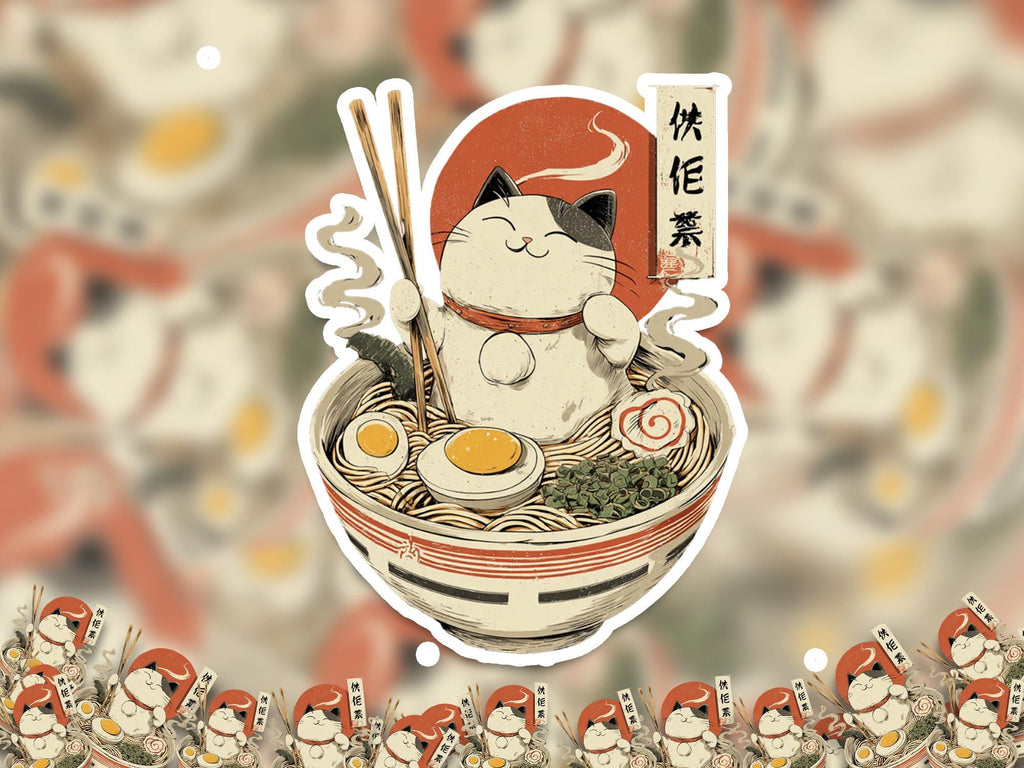 Kawaii Cat Ramen Vinyl Decal: Waterproof Laptop Sticker