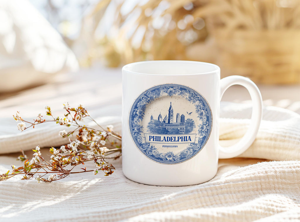Philadelphia Pennsylvania Mug, Custom Delft Style cup, Personalized Vintage Travel City Gift