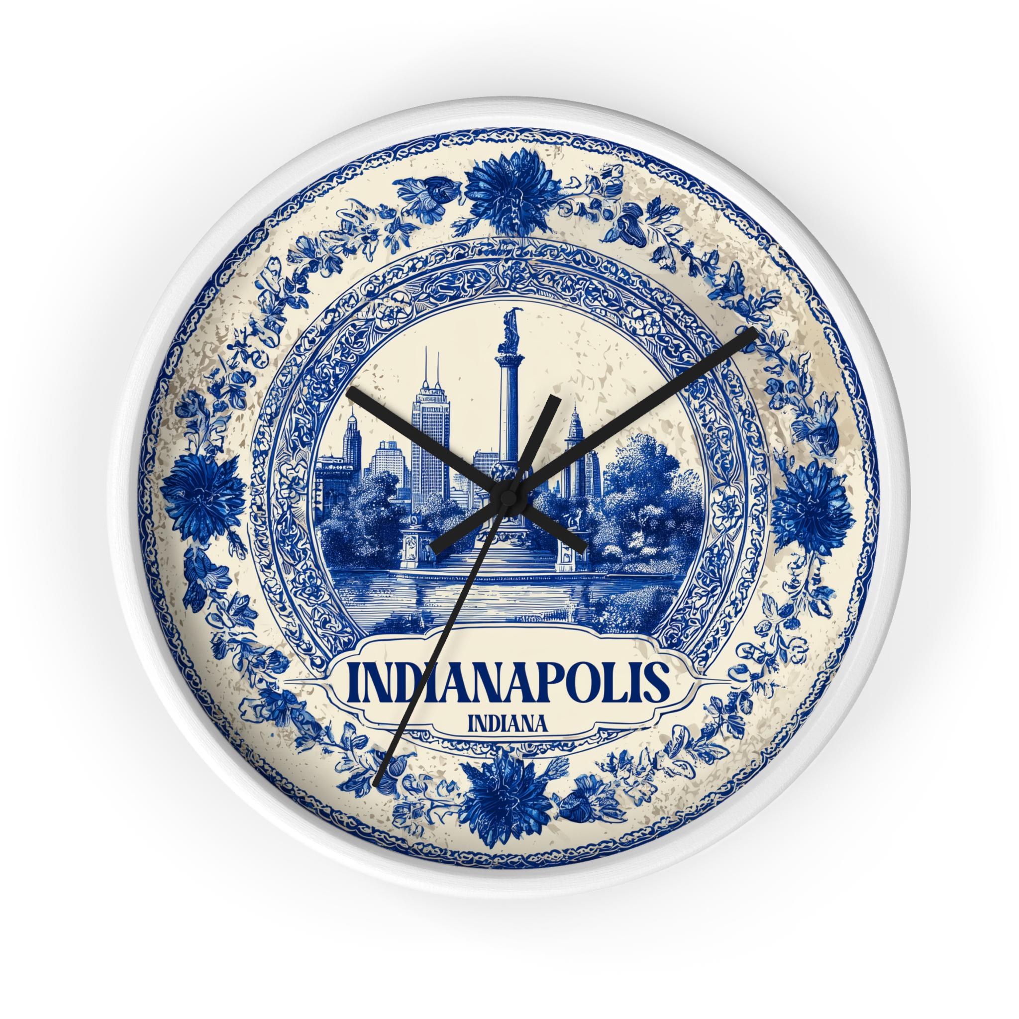 Indianapolis Indiana Wall Clock, Delf style Home Decor, Vintage City Travel Keepsake Art