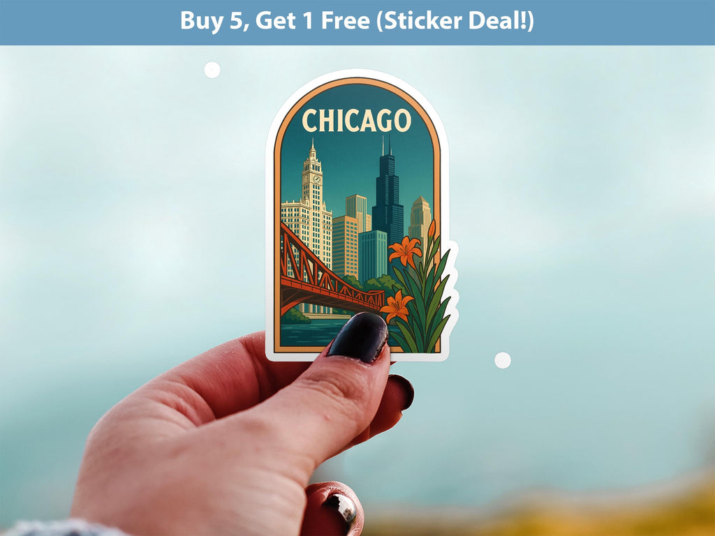 Chicago Sticker, Illinois Vintage City Vinyl Decal, Retro Travel Lover Collection, Journal Scrapbook