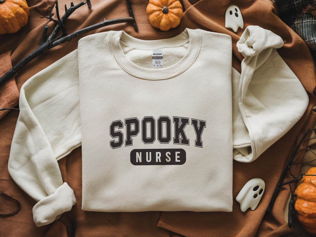 Spooky Nurse Halloween Sweatshirt, Funny RN Top in Retro College Font, Cute Medical Fall Apparel, Cozy Autumn Outfit, Unique Gift for Nurse