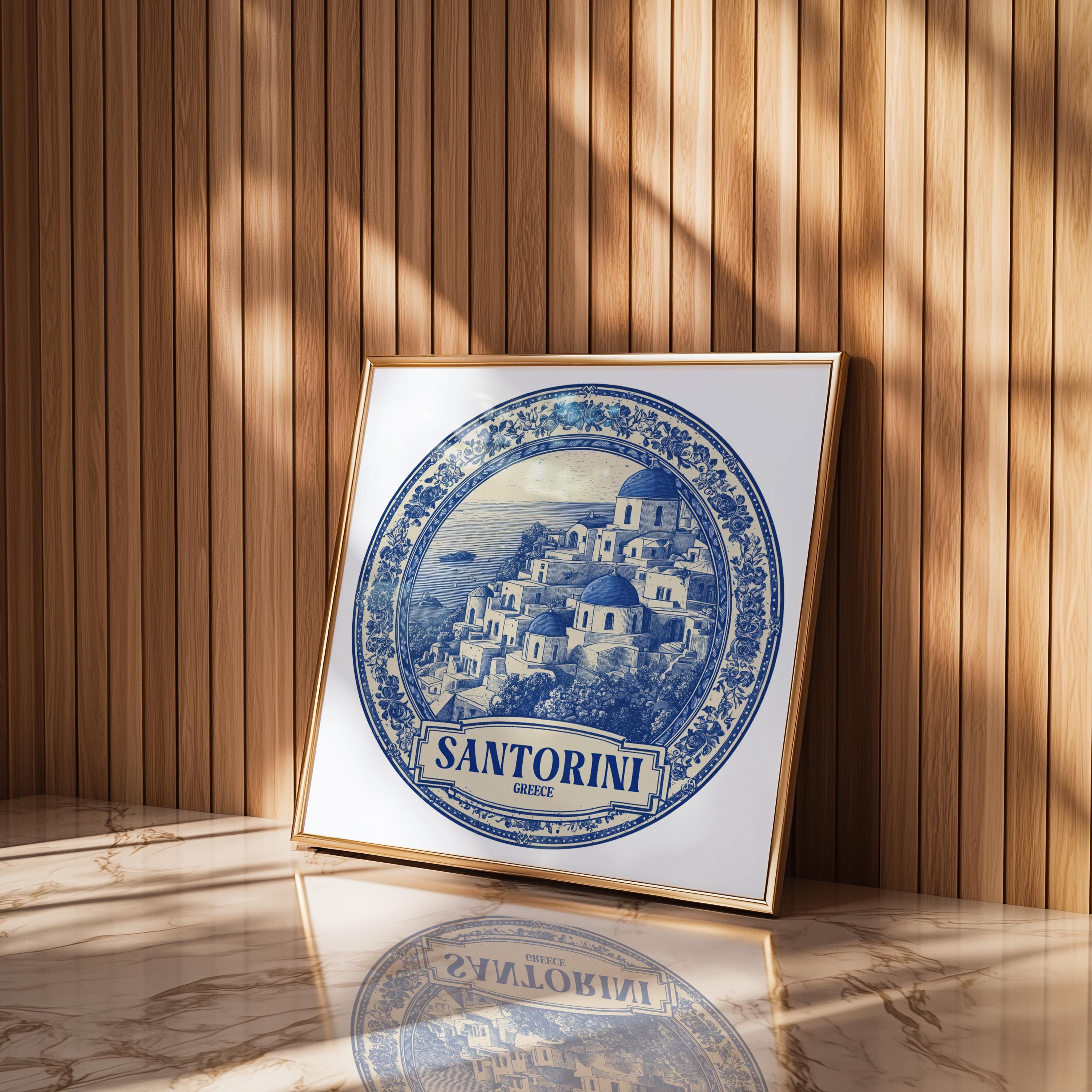 Santorini Greece Wall Art, Vintage Delft Blue Poster, City Print, Travel Home Decor