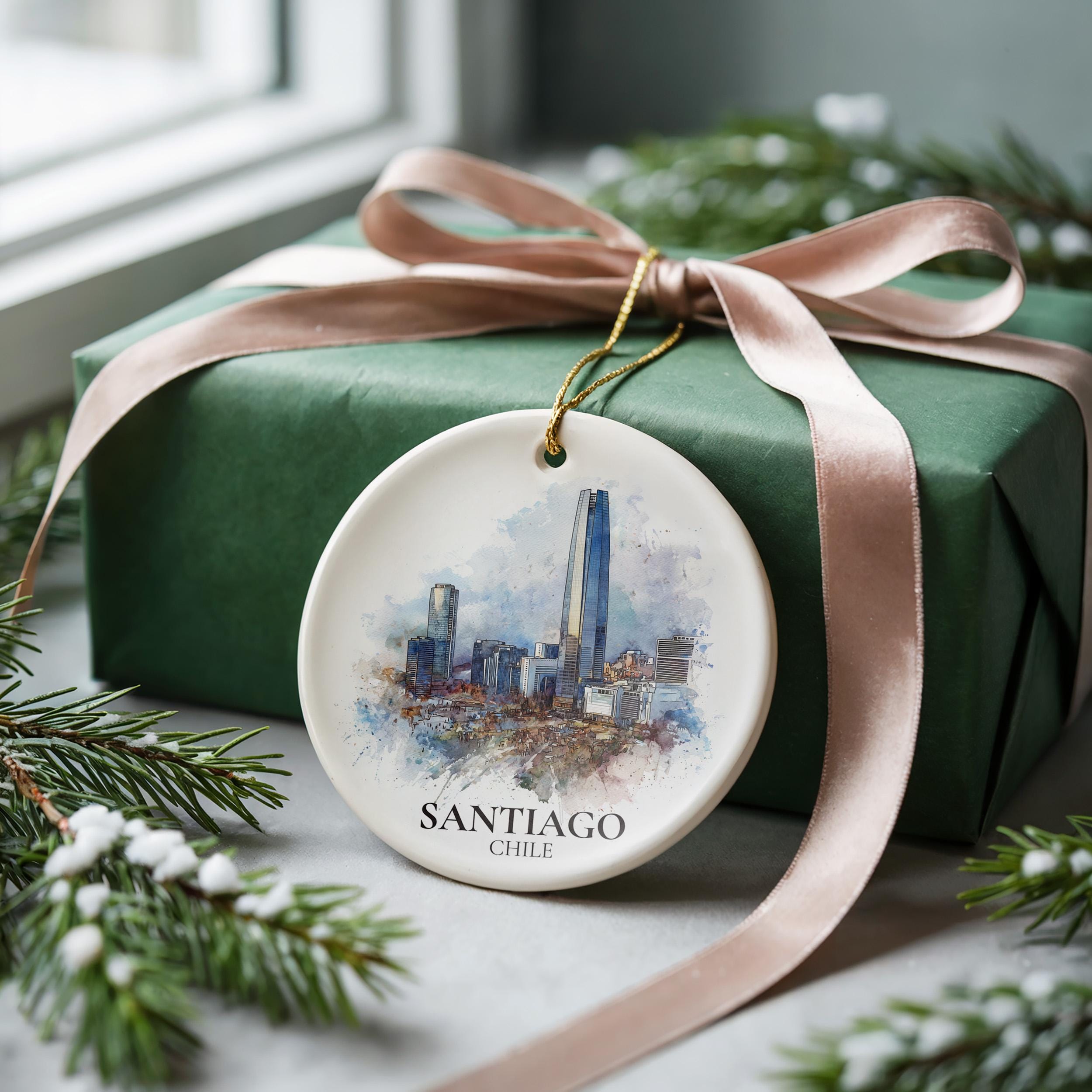 Santiago Chile Personalized Watercolor Ornament, Custom Ceramic Christmas gift, Travel Keepsake