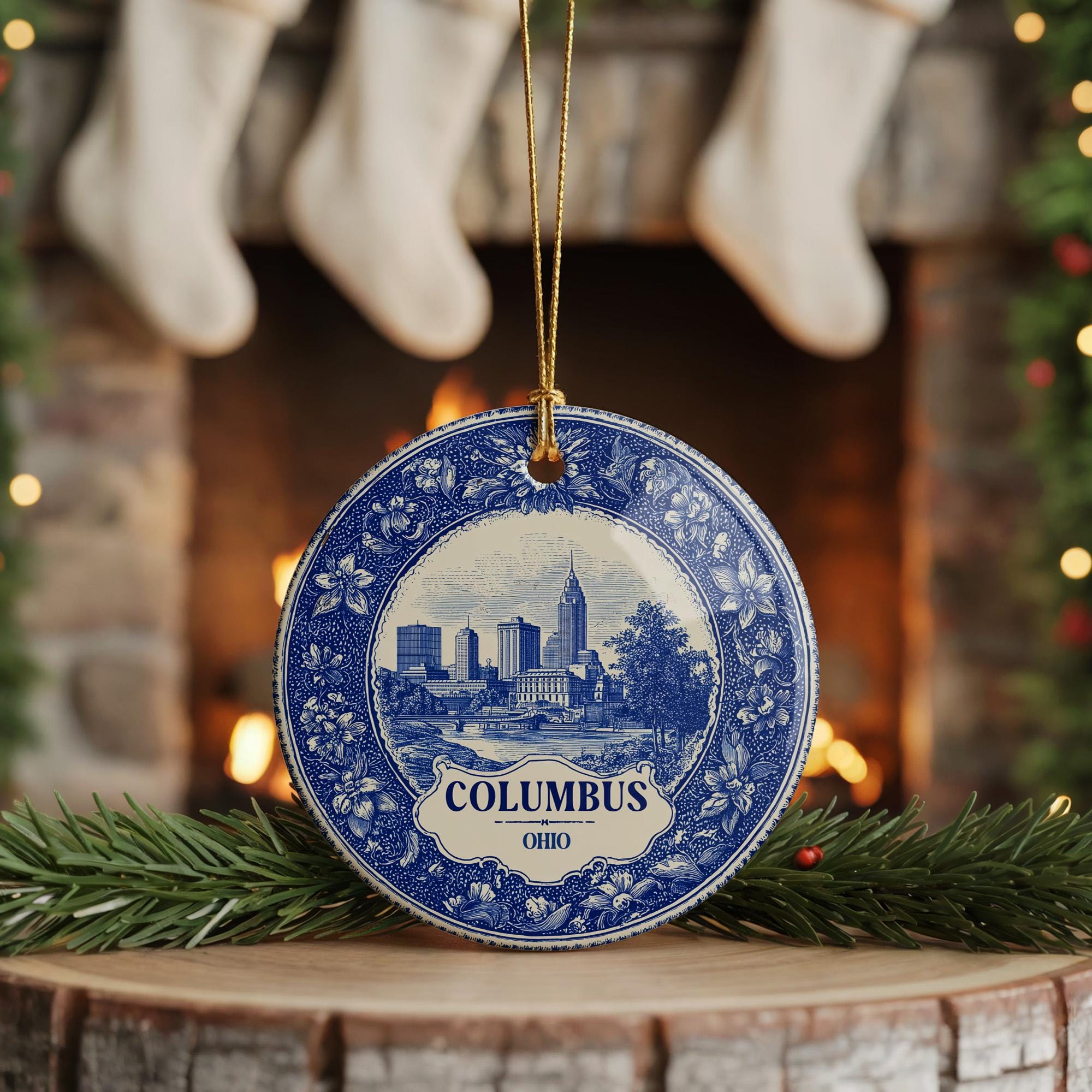 Custom Columbus Ohio Ceramic Delft Ornament, Christmas Delftware Blue Delftware city travel