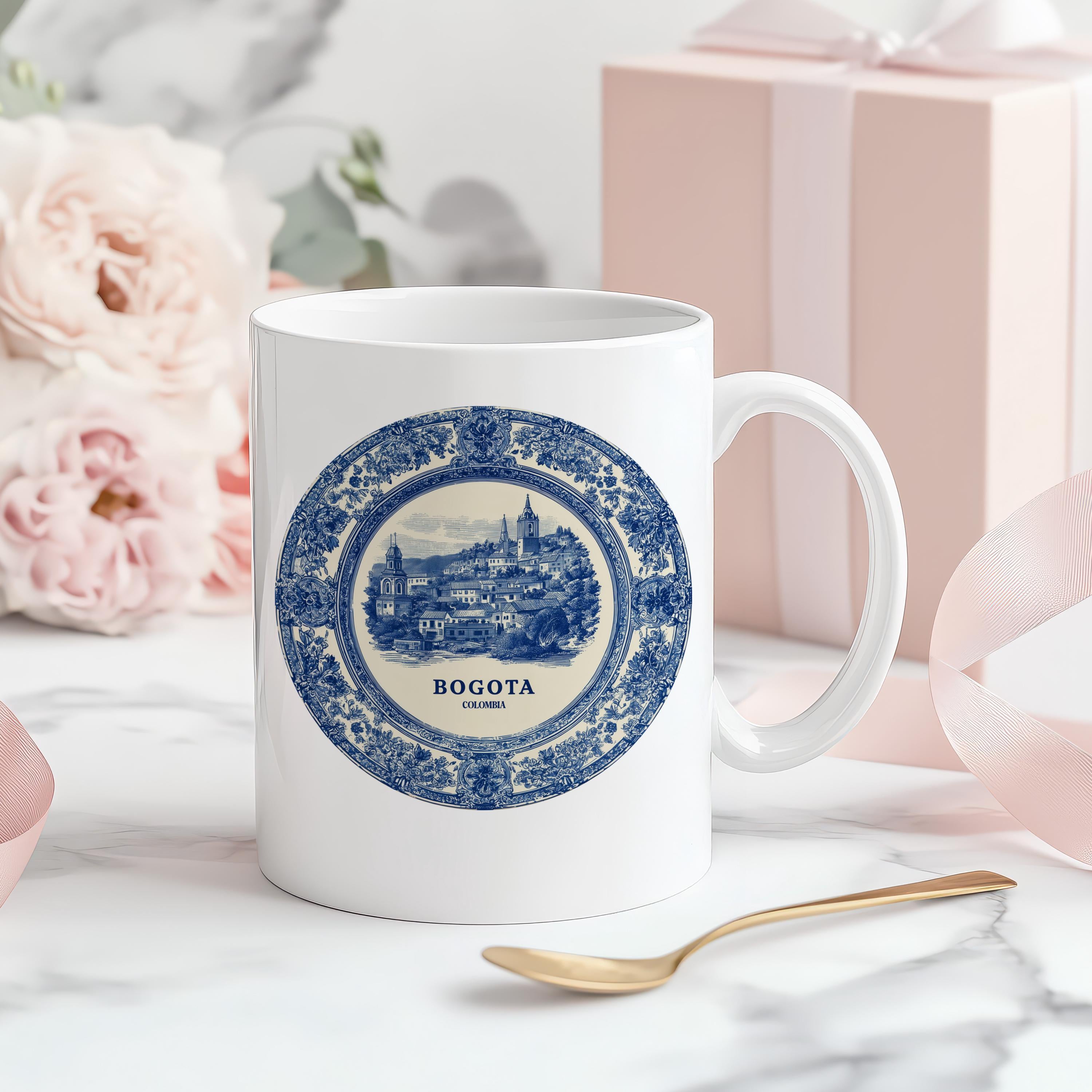 Bogota Colombia Mug, Custom Delft Style cup, Personalized Vintage Travel City Gift