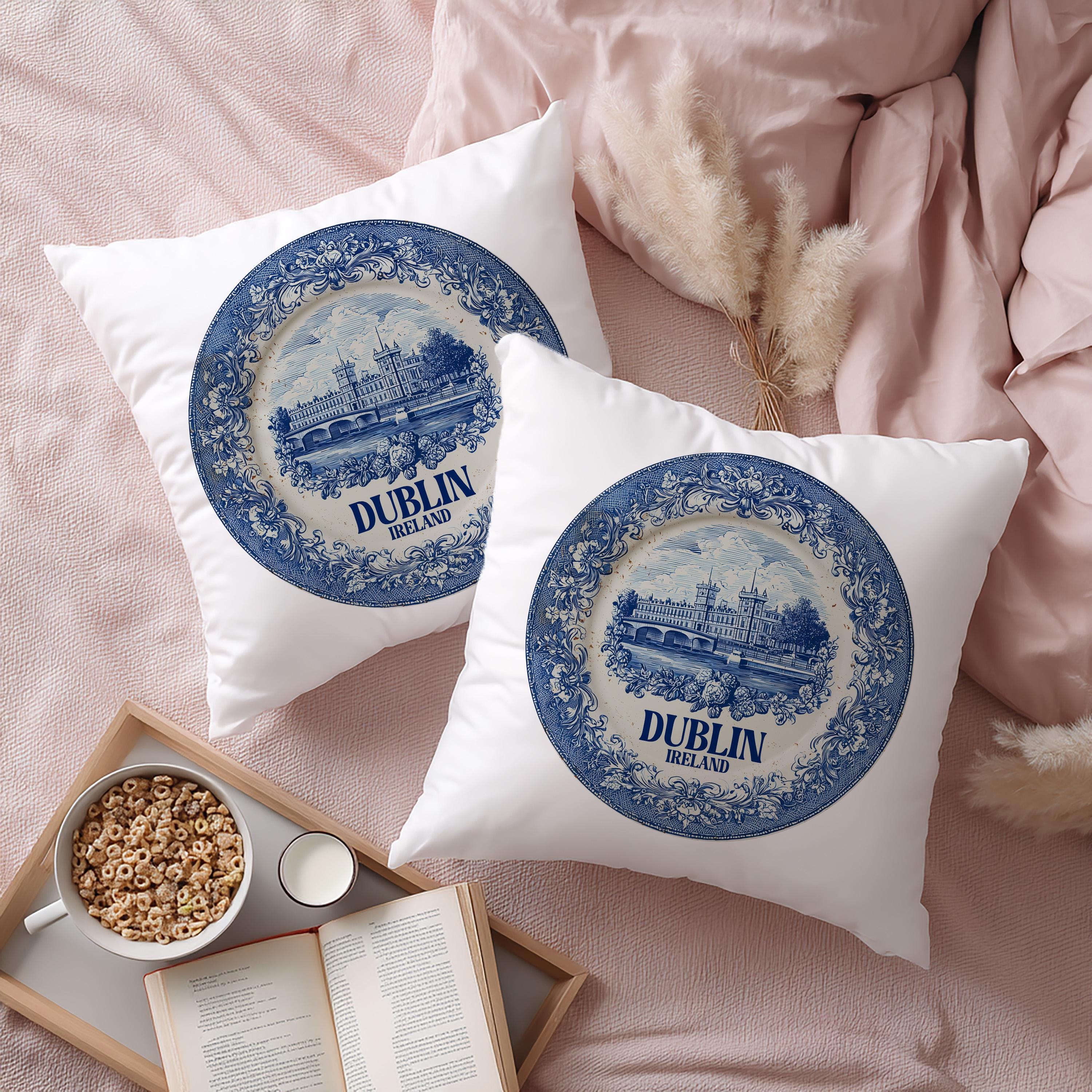 Dublin Ireland Pillowcase, Delft Style Decorative Throw Pillow, Vintage Cityscape Retro Home Decor