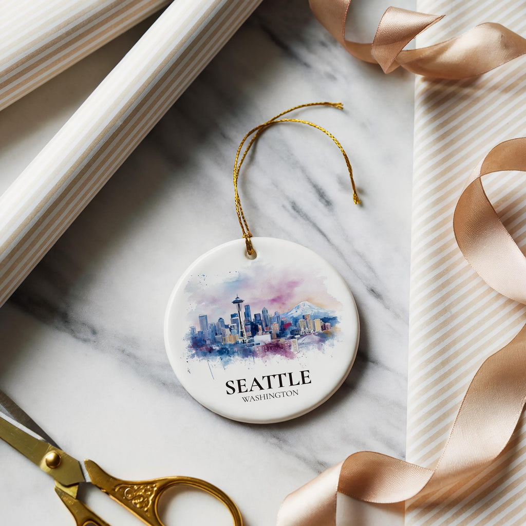Seattle Washington Personalized Watercolor Ornament, Custom Ceramic Christmas gift, Travel Keepsake