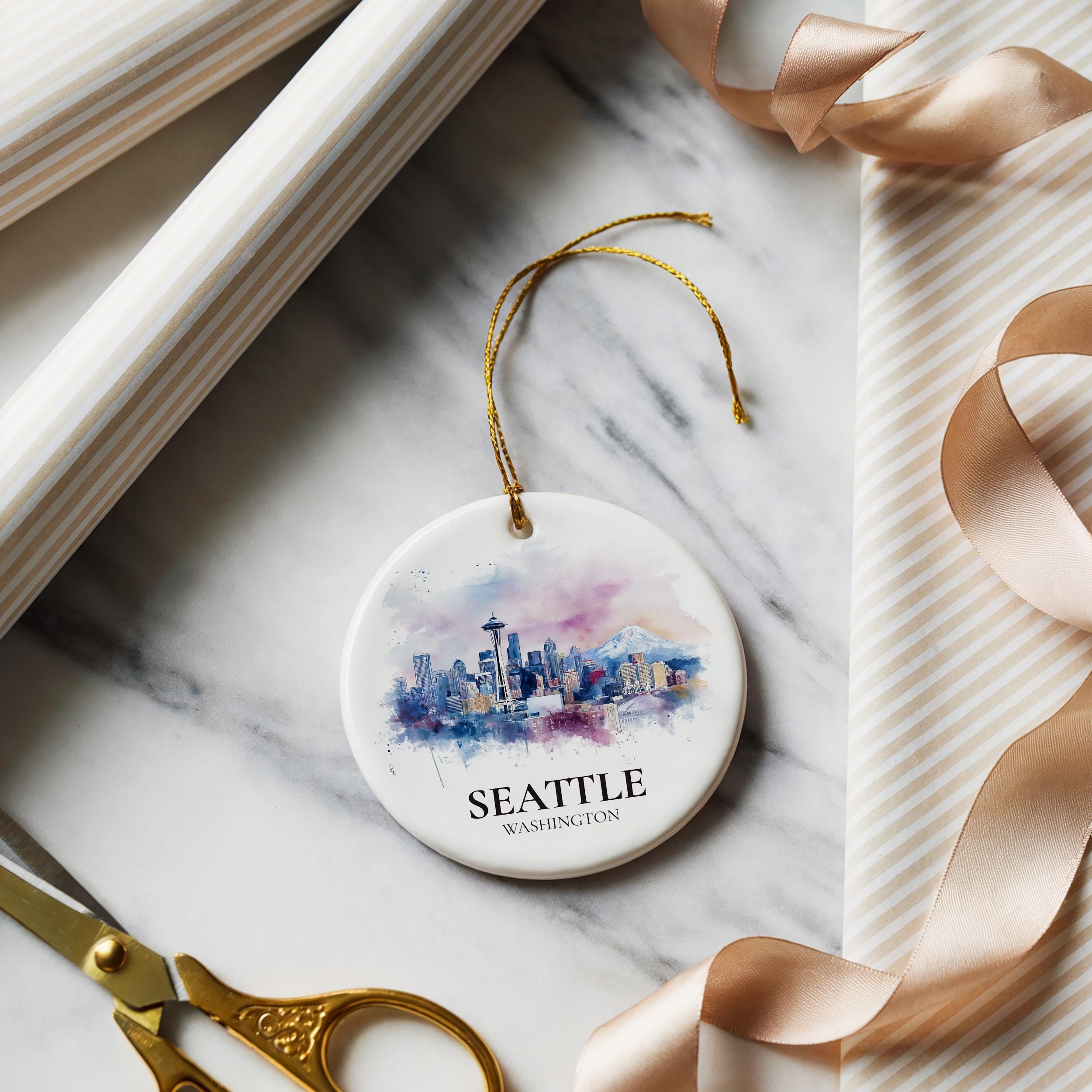 Seattle Washington Personalized Watercolor Ornament, Custom Ceramic Christmas gift, Travel Keepsake