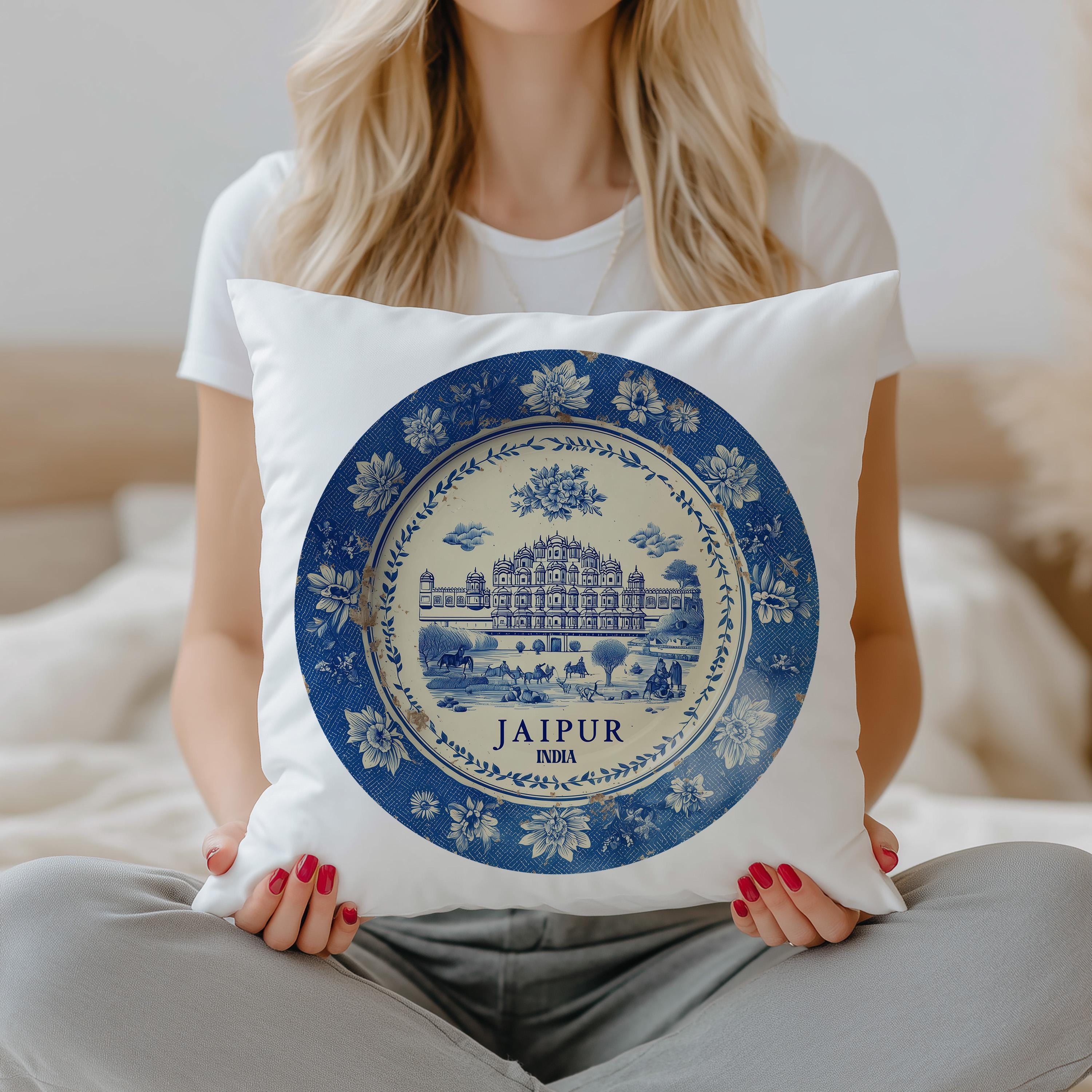 Jaipur India Pillowcase, Delft Style Decorative Throw Pillow, Vintage Cityscape Retro Home Decor