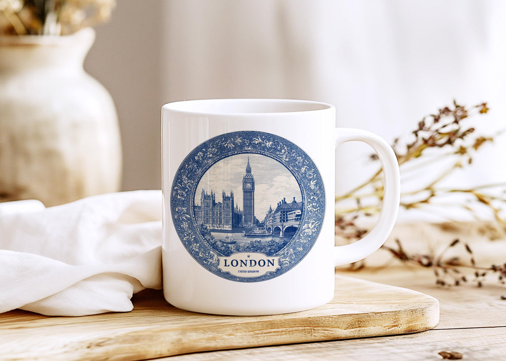 London UK Mug, Custom Delft Style cup, Personalized Vintage Travel City Gift