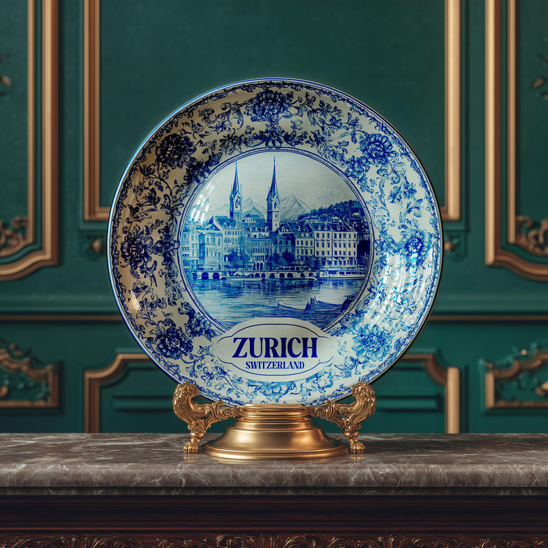 Zurich Decorative Plate, Delft Vintage Home Decor Personalized Gift Travel Housewarming Switzerland