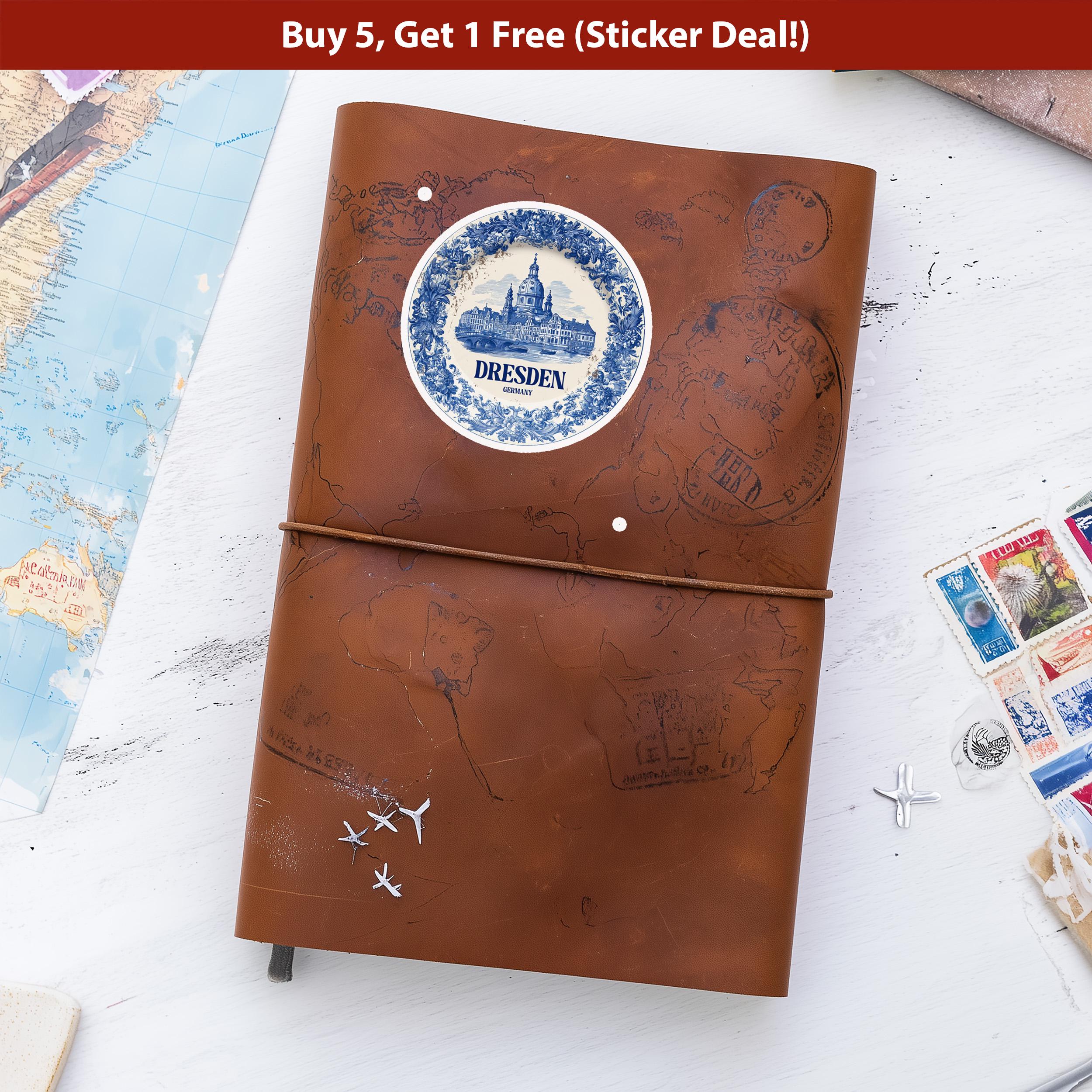 Dresden Germany Sticker Vintage Delft style, Delftware Decal Waterproof Vinyl, Blue City Travel