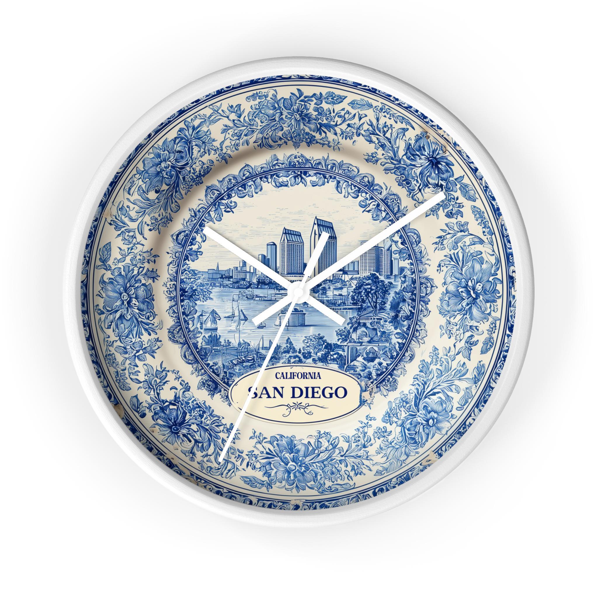 San Diego California Wall Clock, Delf style Home Decor, Vintage City Travel Keepsake Art