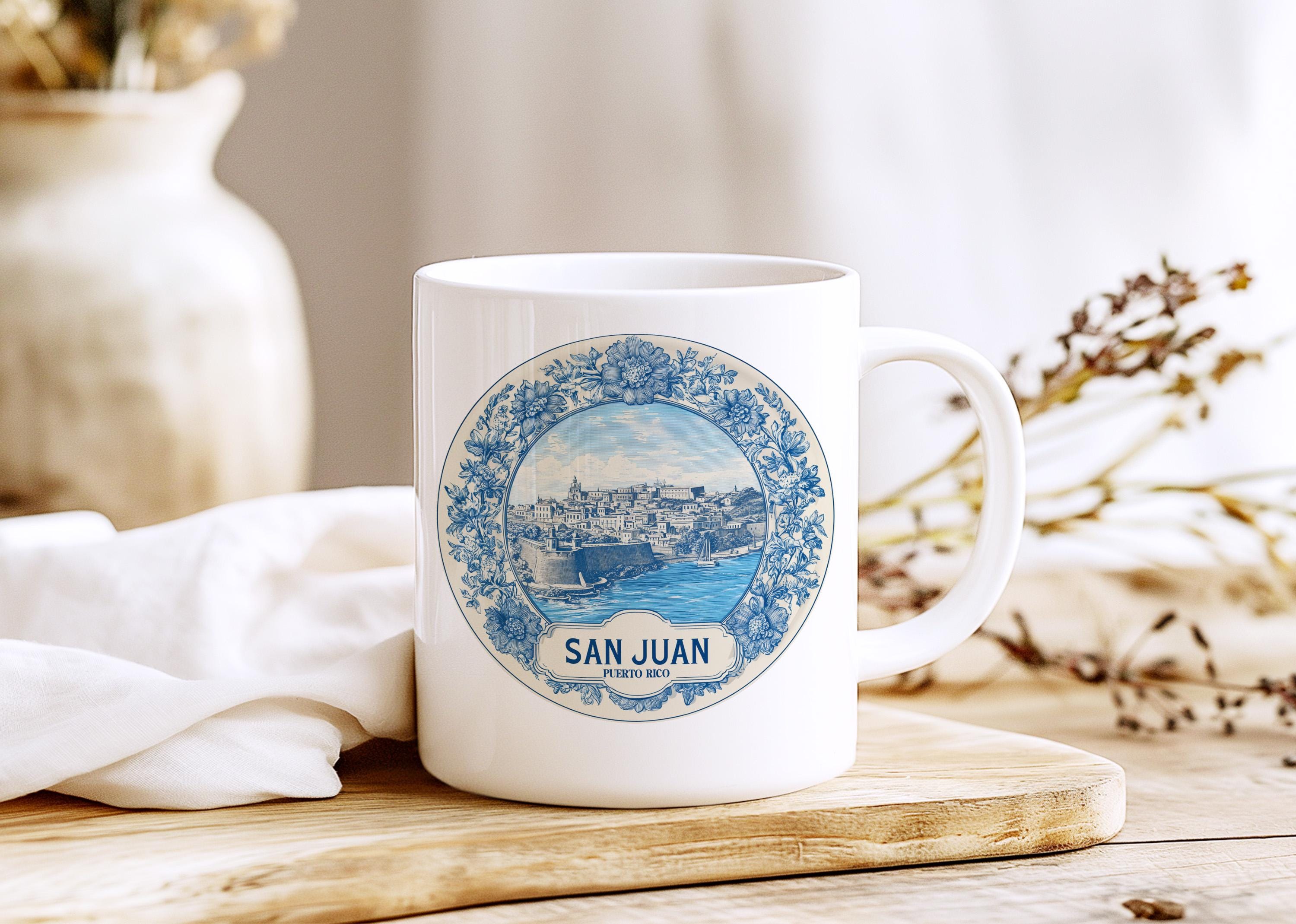 San Juan Puerto Rico Mug, Custom Delft Style cup, Personalized Vintage Travel City Gift