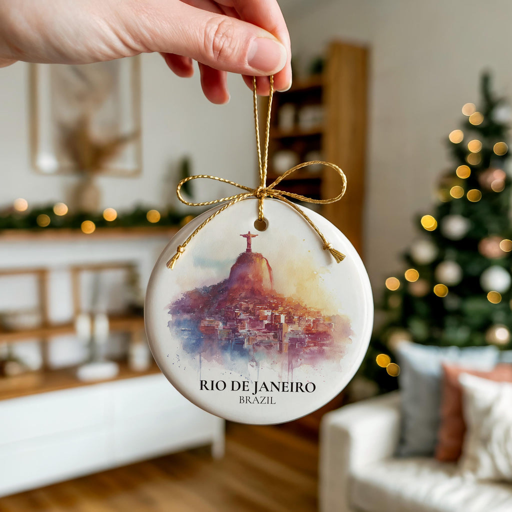 Rio Brazil Personalized Watercolor Ornament, Custom Ceramic Christmas gift, Travel Keepsake
