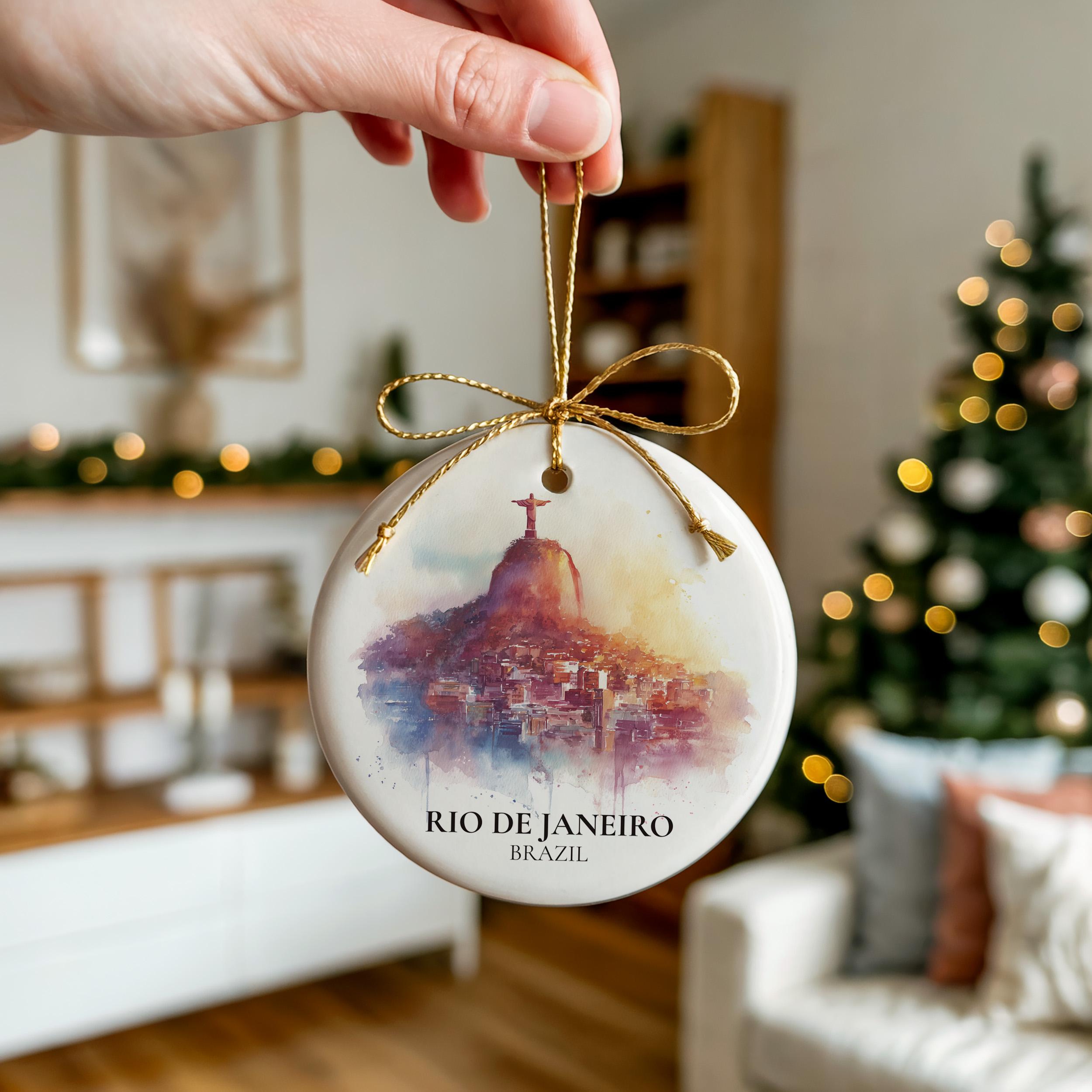 Rio Brazil Personalized Watercolor Ornament, Custom Ceramic Christmas gift, Travel Keepsake