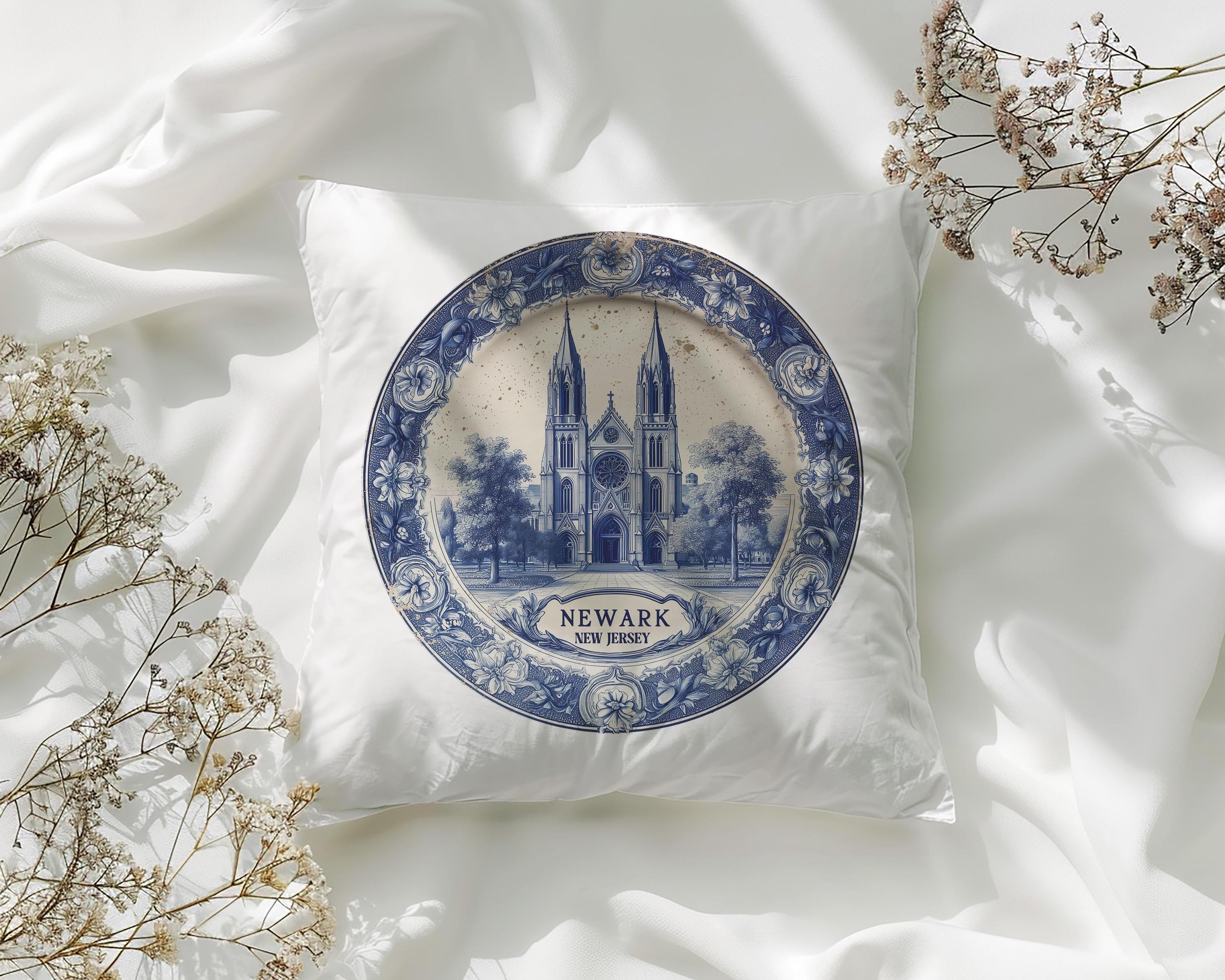 Newark New Jersey Pillowcase, Delft Style Decorative Throw Pillow, Vintage Cityscape Retro Home Decor