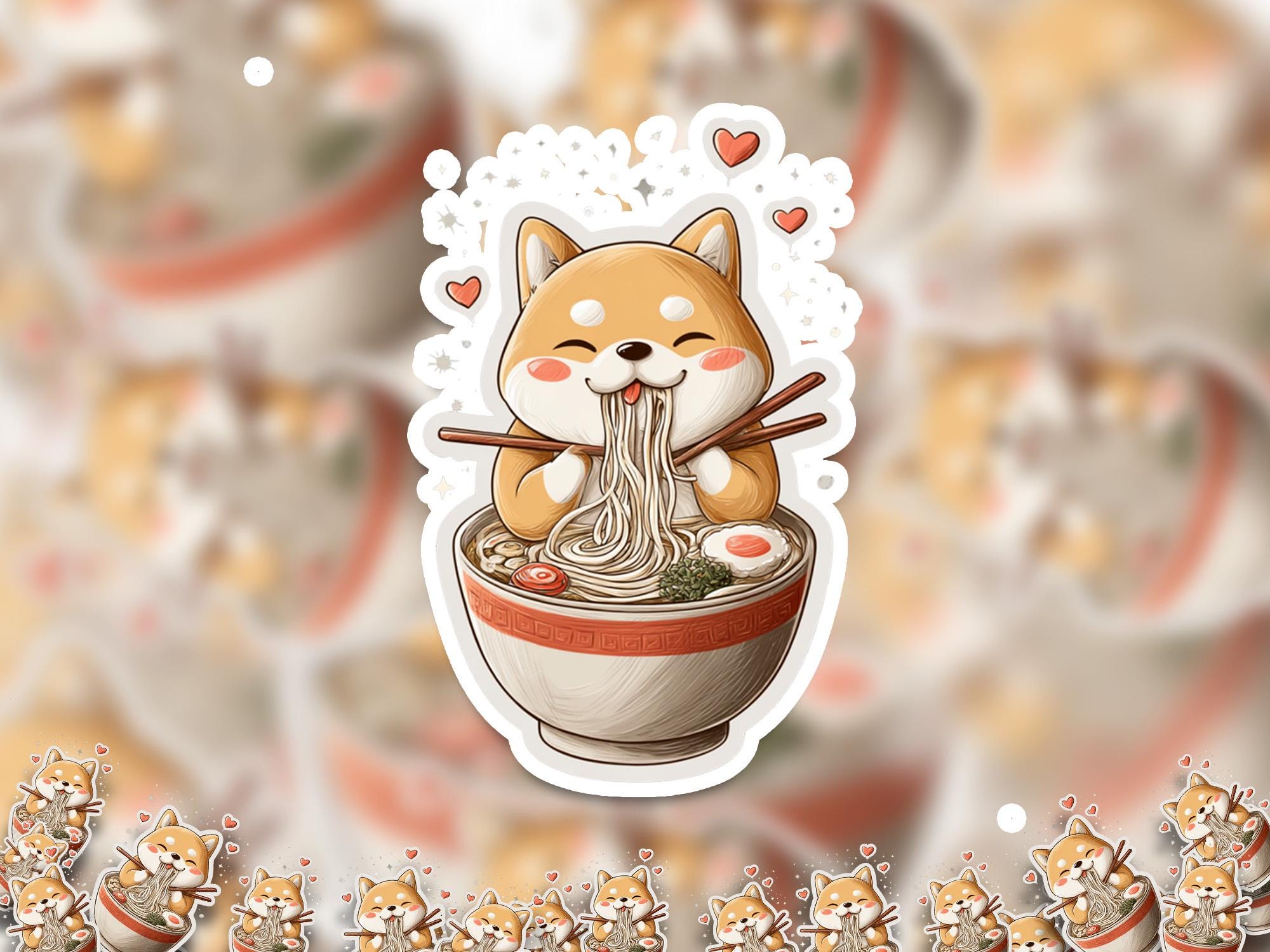 Shiba Inu eats ramen Cute kawaii sticker, Kiss-Cut Vinyl Decals, Waterproof Stickers for Laptop & Tumbler, Cute Vinyl Decal Stickers