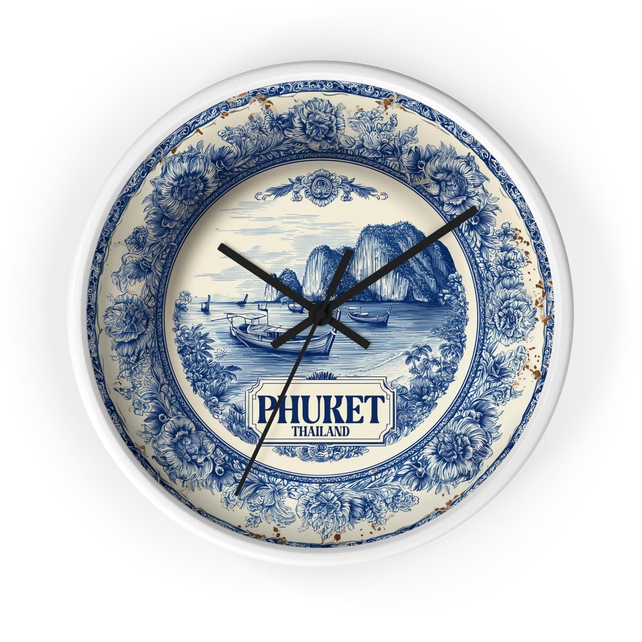 Phuket Thailand Wall Clock, Delf style Home Decor, Vintage City Travel Keepsake Art