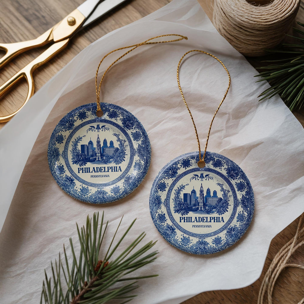 Custom Philadelphia Delftware Ceramic Ornament: City Travel Keepsake