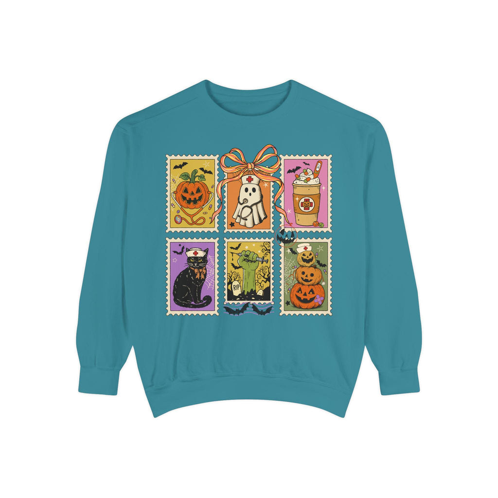 Halloween Tarot Card Sweatshirt, Witchy Nurse Fall Pullover with Pumpkin Cat Skeleton Prints, Spooky Vintage Top, Cozy Retro Gift