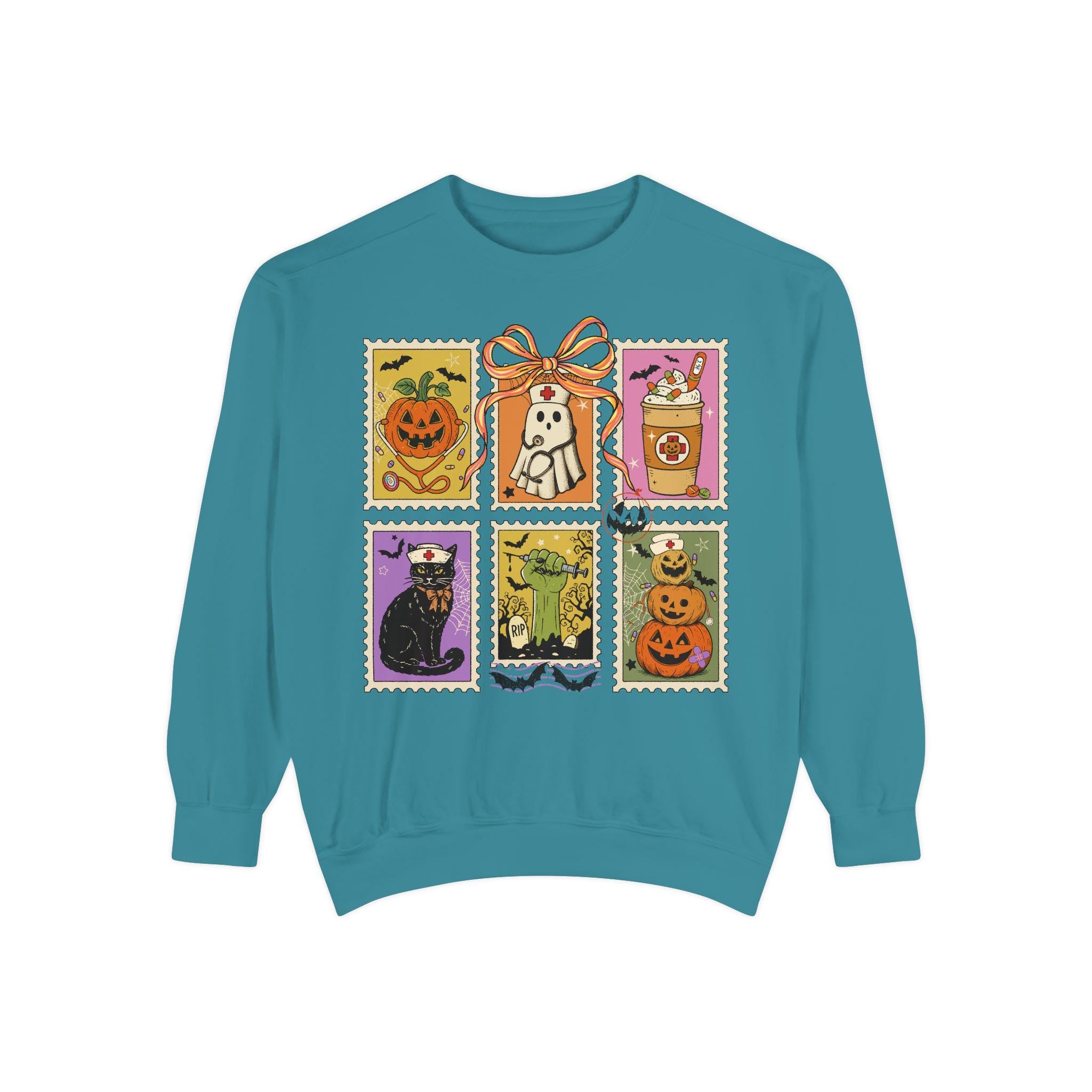 Halloween Tarot Card Sweatshirt, Witchy Nurse Fall Pullover with Pumpkin Cat Skeleton Prints, Spooky Vintage Top, Cozy Retro Gift