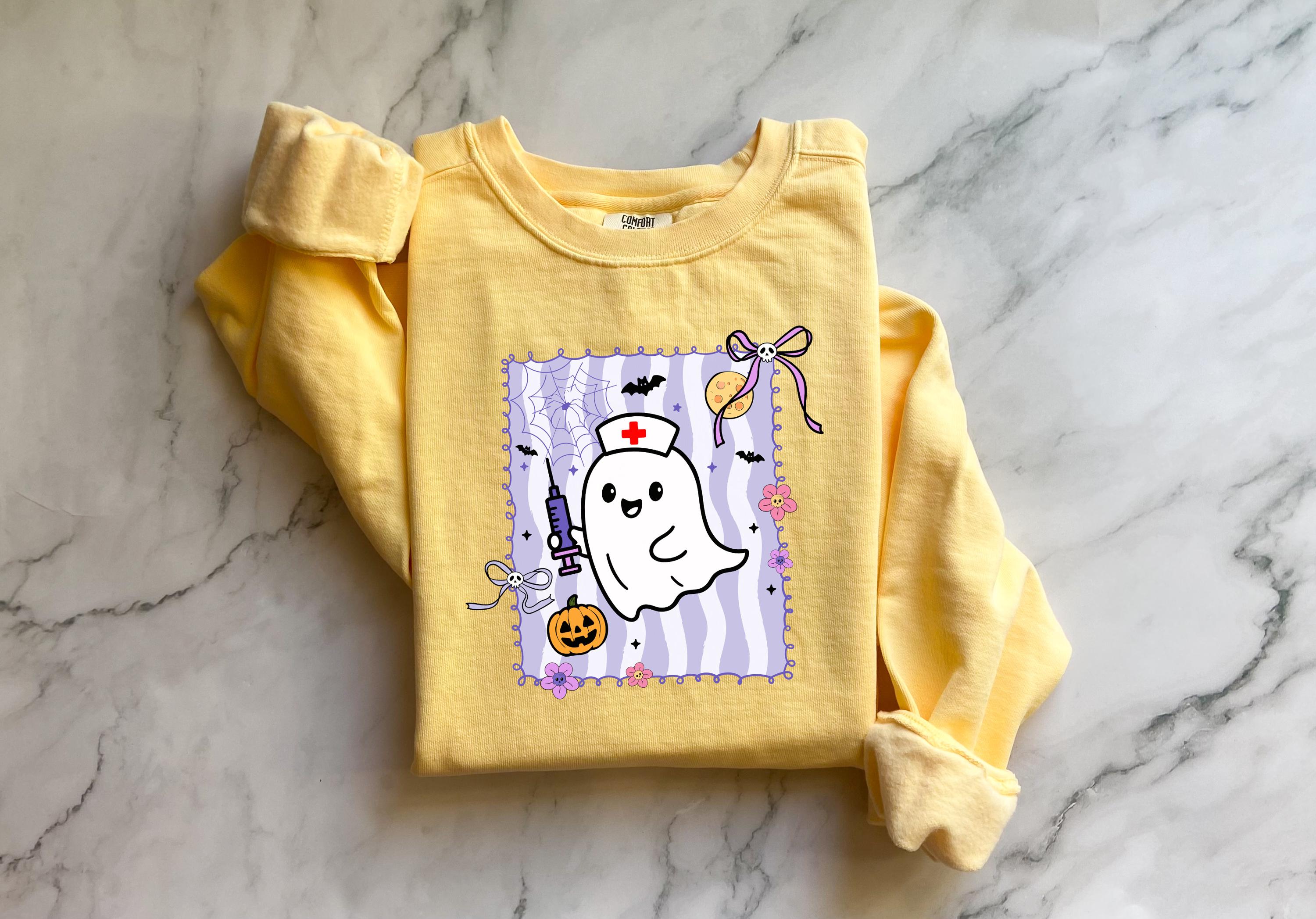 Cute Ghost Halloween Nurse Sweatshirt, Spooky RN Fall Top, Funny Cozy Autumn Pullover, Cute Retro Gift for Nurse