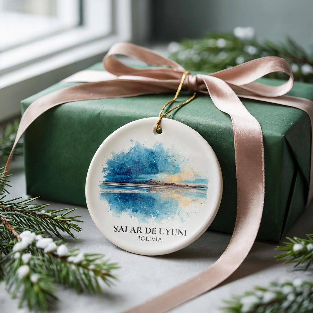 Salar de Uyuni Bolivia Personalized Watercolor Ornament, Custom Ceramic Christmas gift, Travel Keepsake